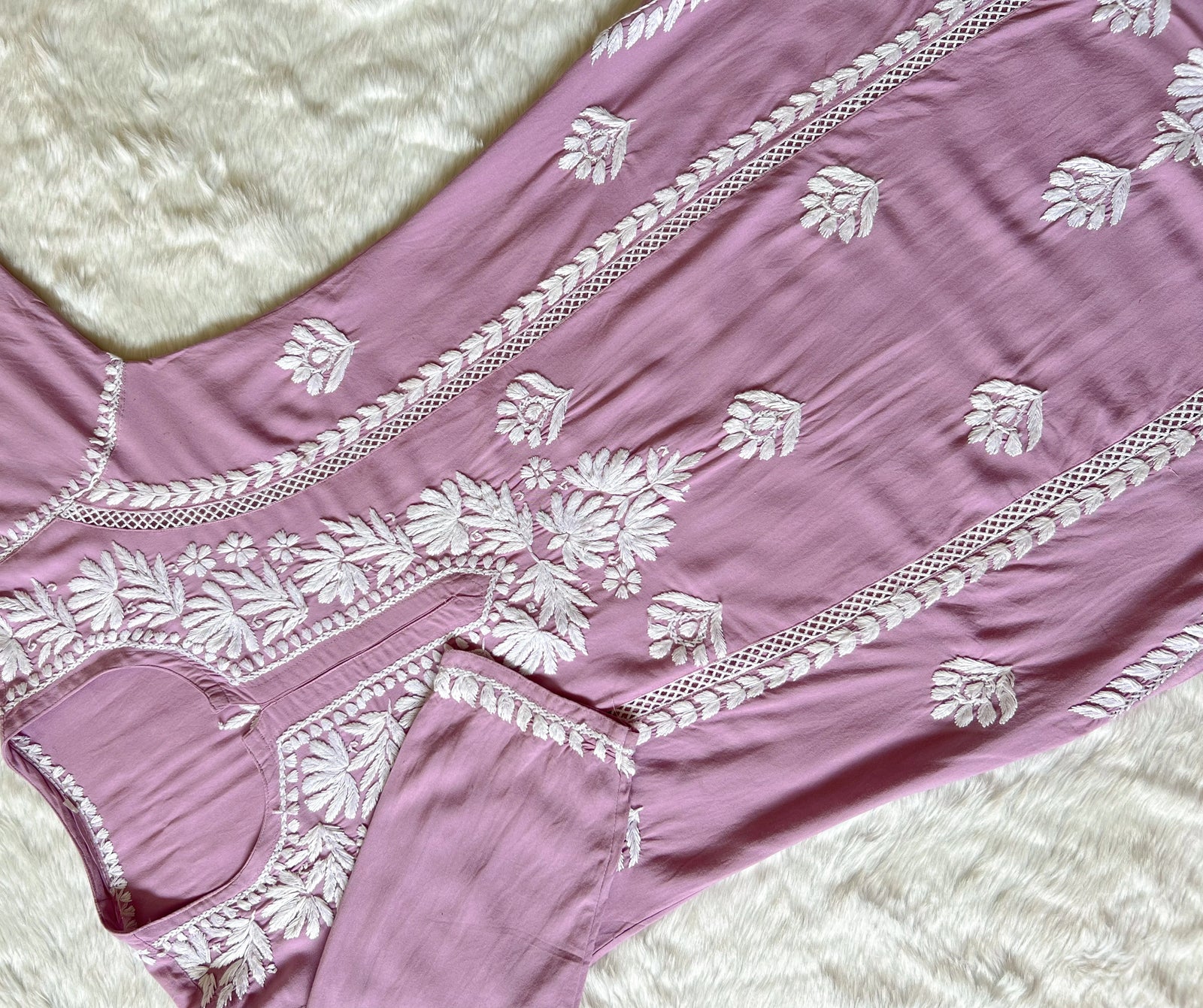 Lilac Long Lace Rayon Chikankari Kurta
