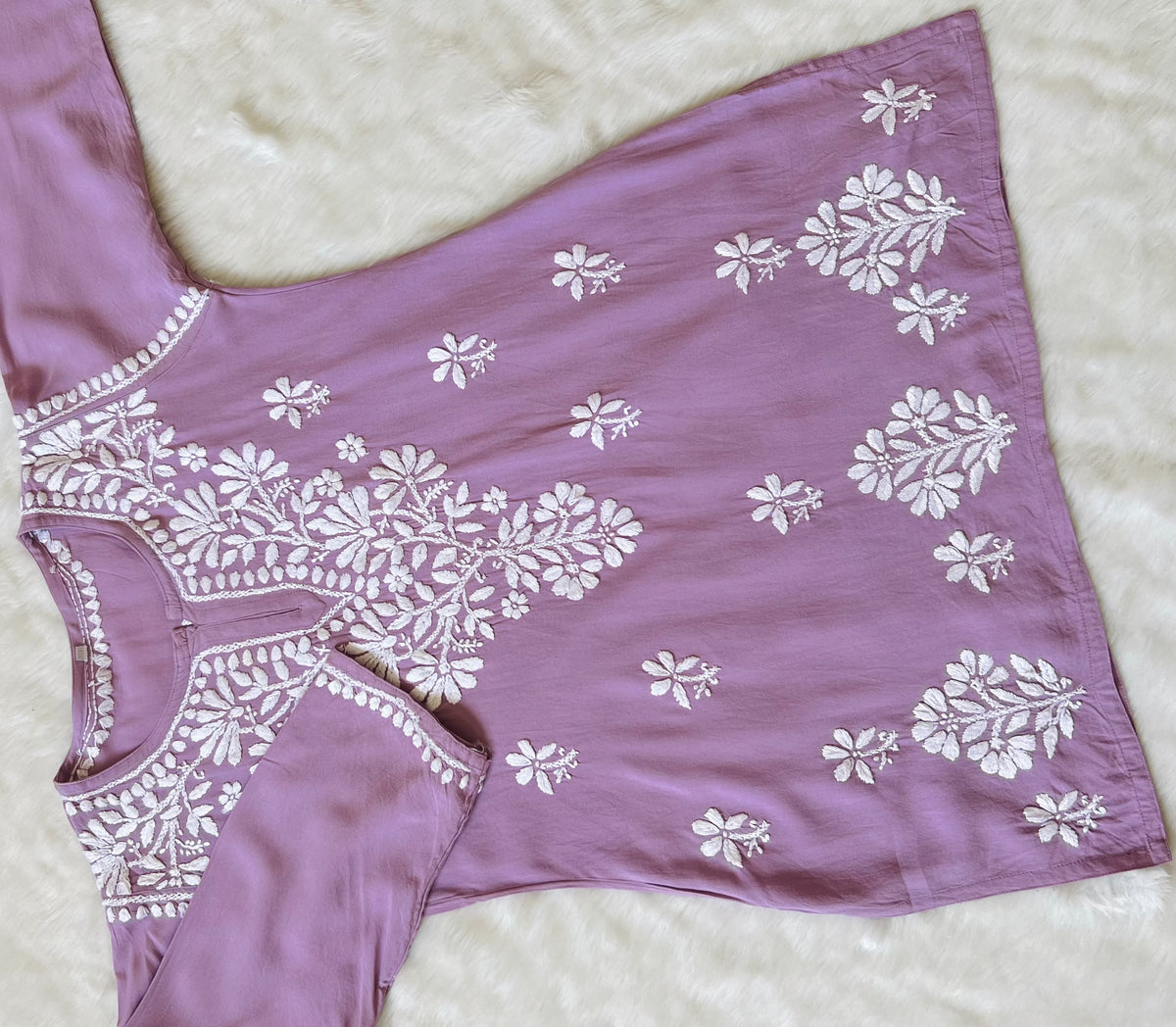 Lilac Short Rayon Kurta with White Chikankari