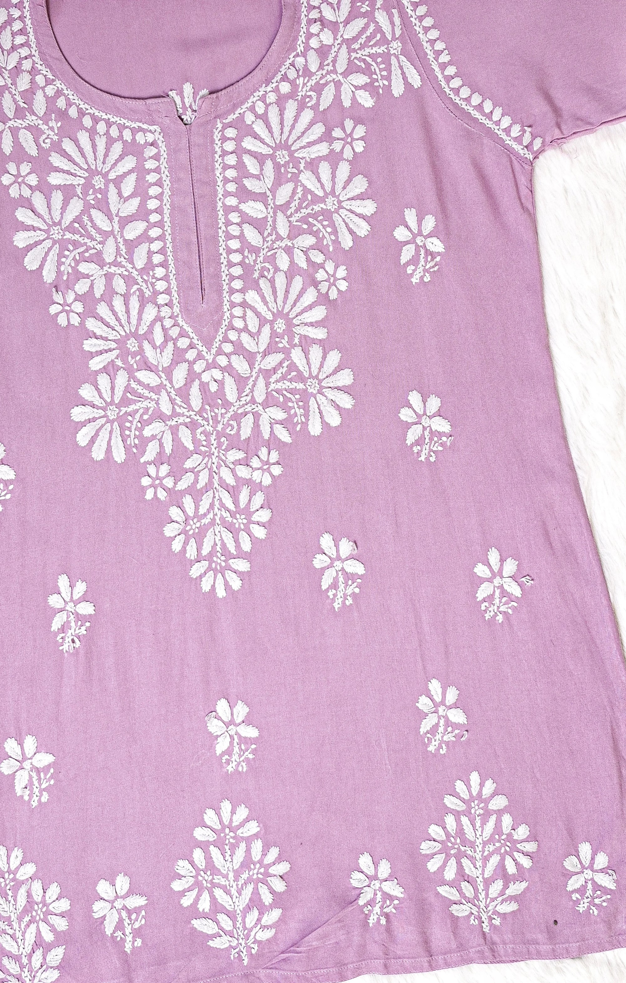 Lilac Short Rayon Kurta with White Chikankari