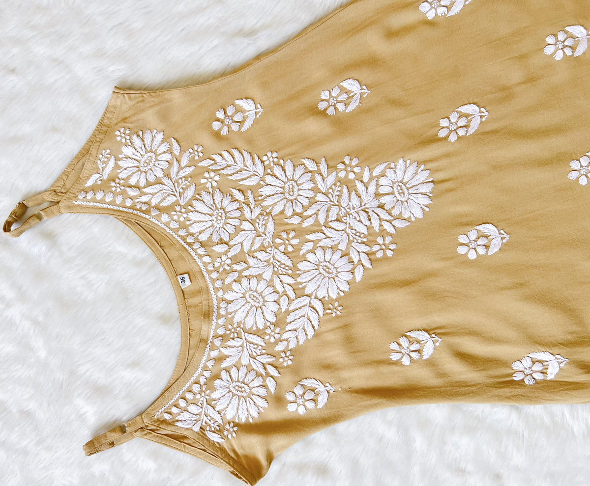 Lyla Beige Sleeveless Short Rayon Kurti