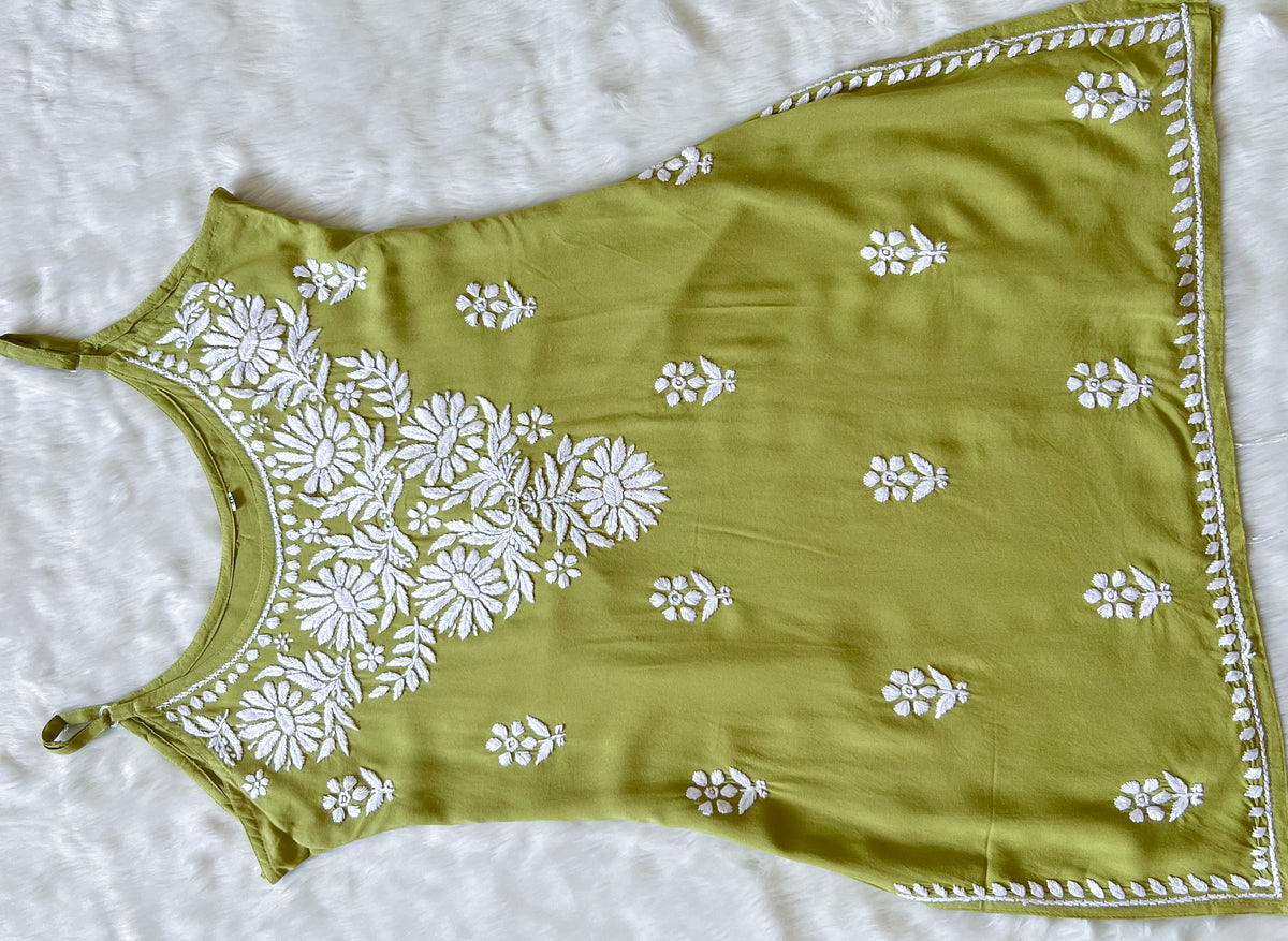 Lyla Pista Green Sleeveless Short Rayon Kurti