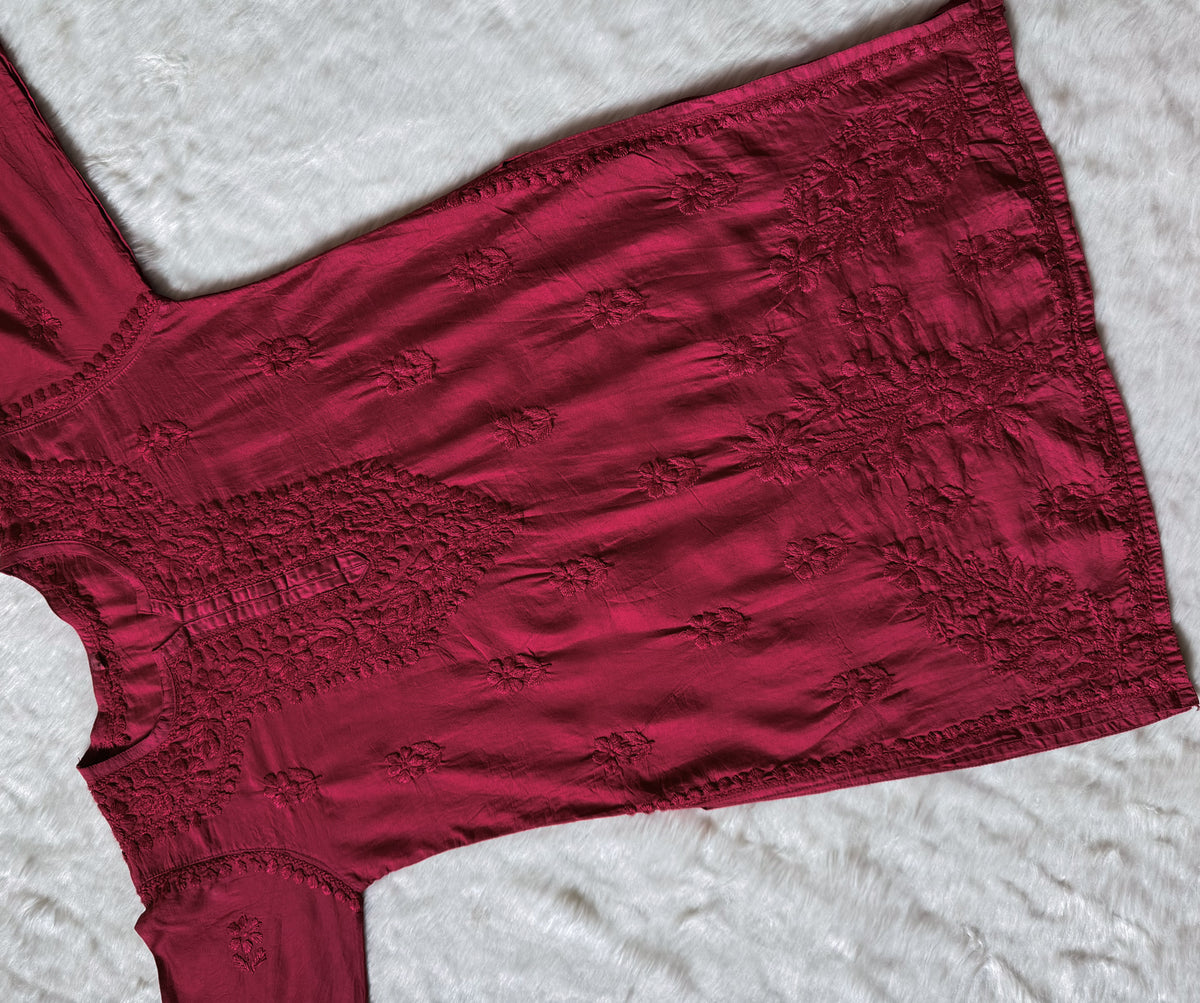 Maahi Berry Pink Short Chanderi Chikankari Kurti