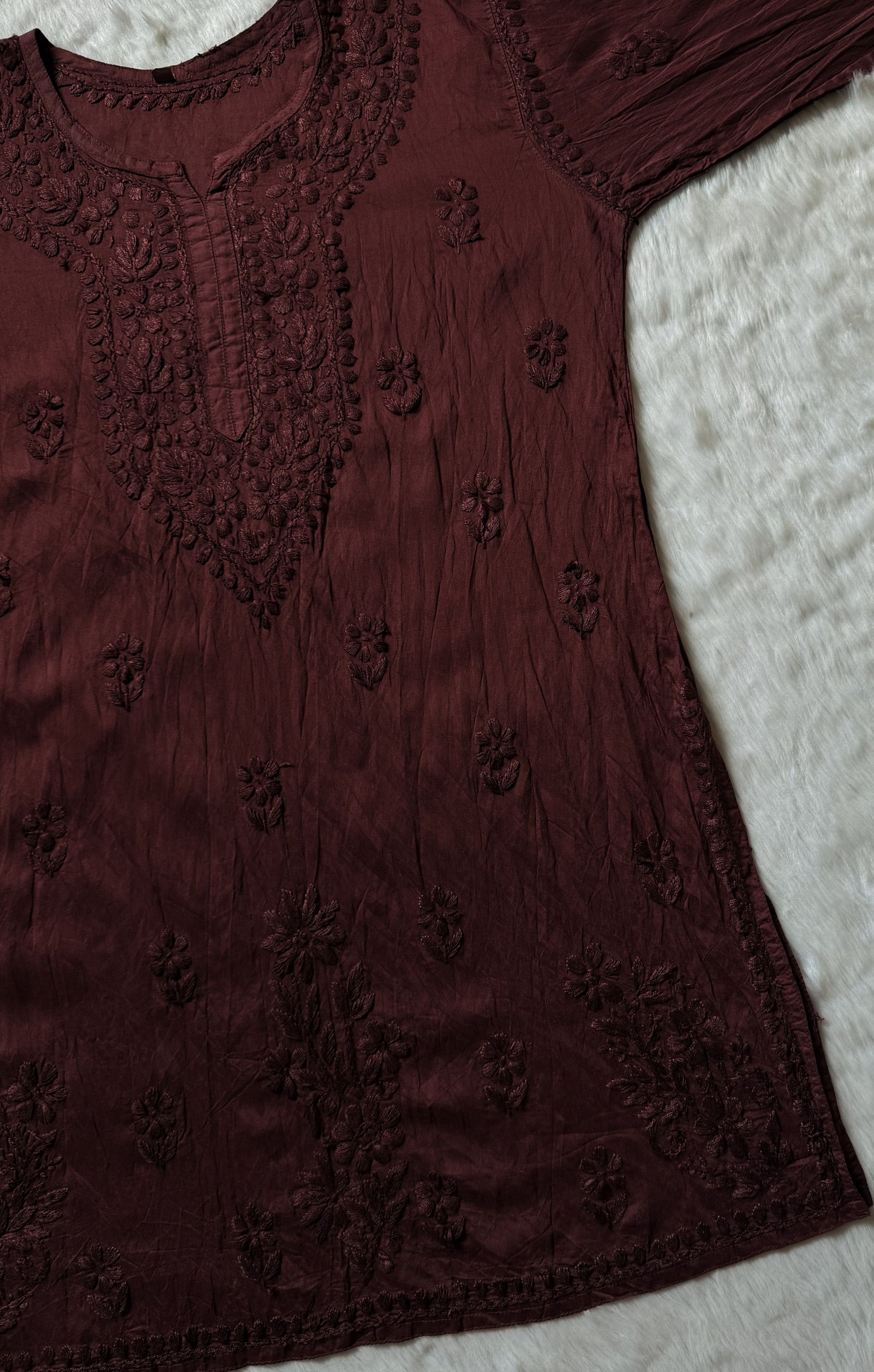 Maahi Brown Short Chanderi Chikankari Kurti