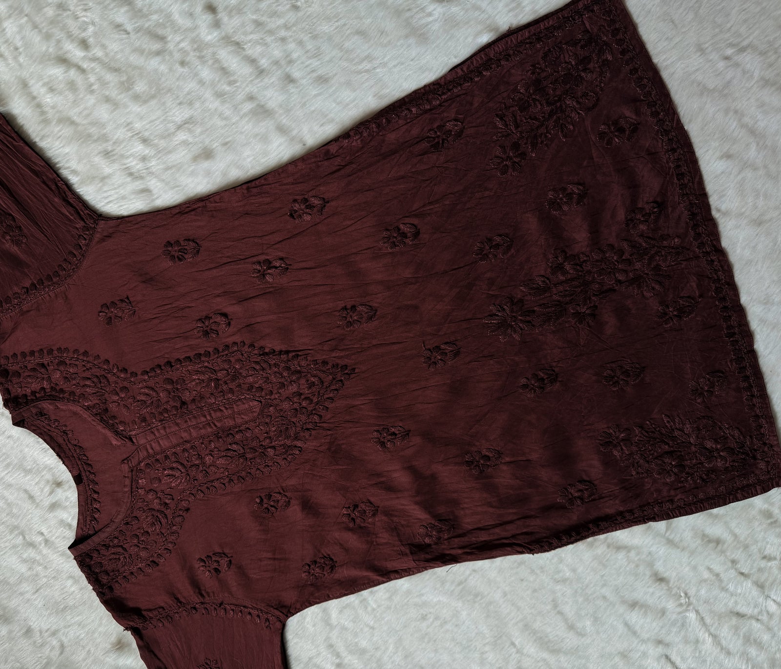 Maahi Brown Short Chanderi Chikankari Kurti