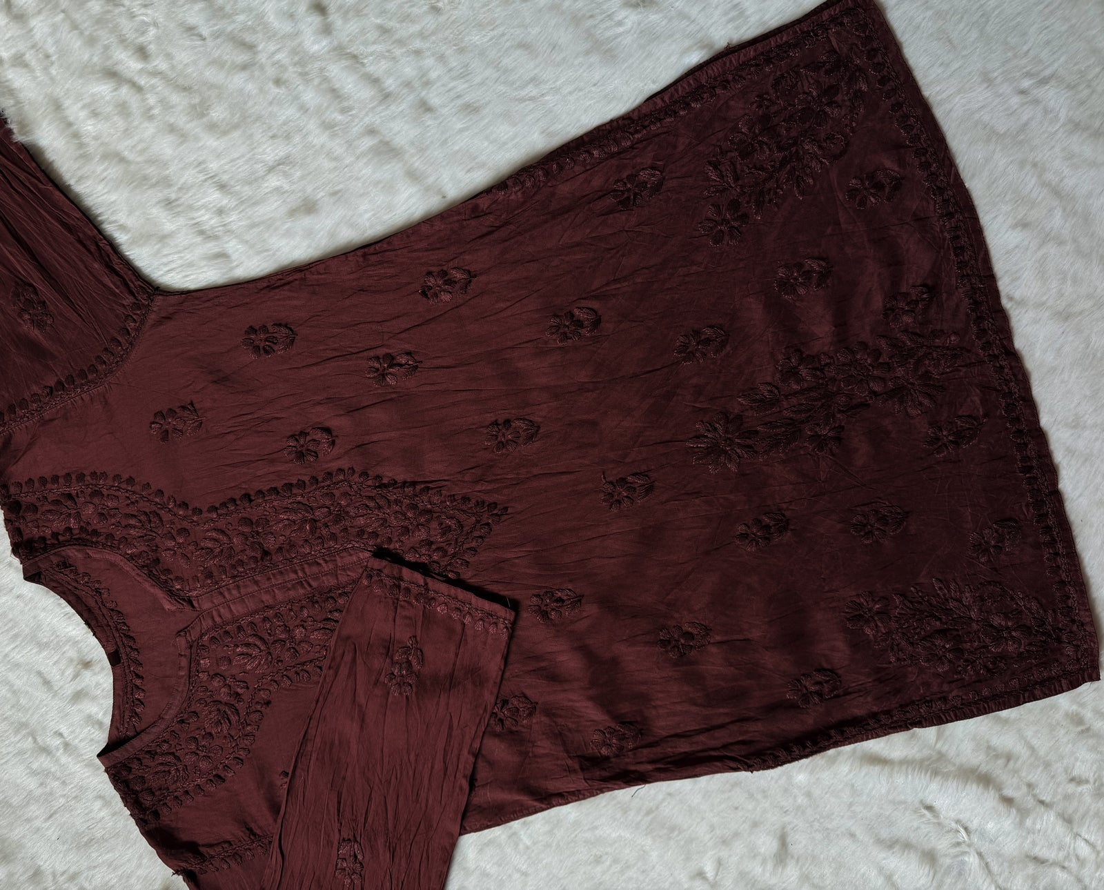 Maahi Brown Short Chanderi Chikankari Kurti