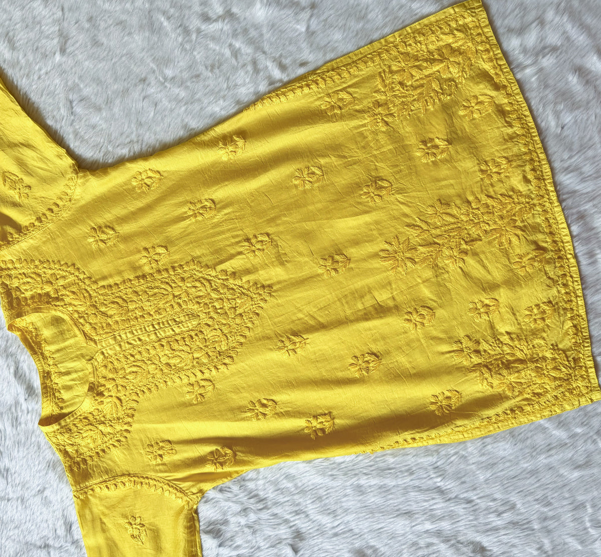 Maahi Butter Yellow Short Chanderi Chikankari Kurti