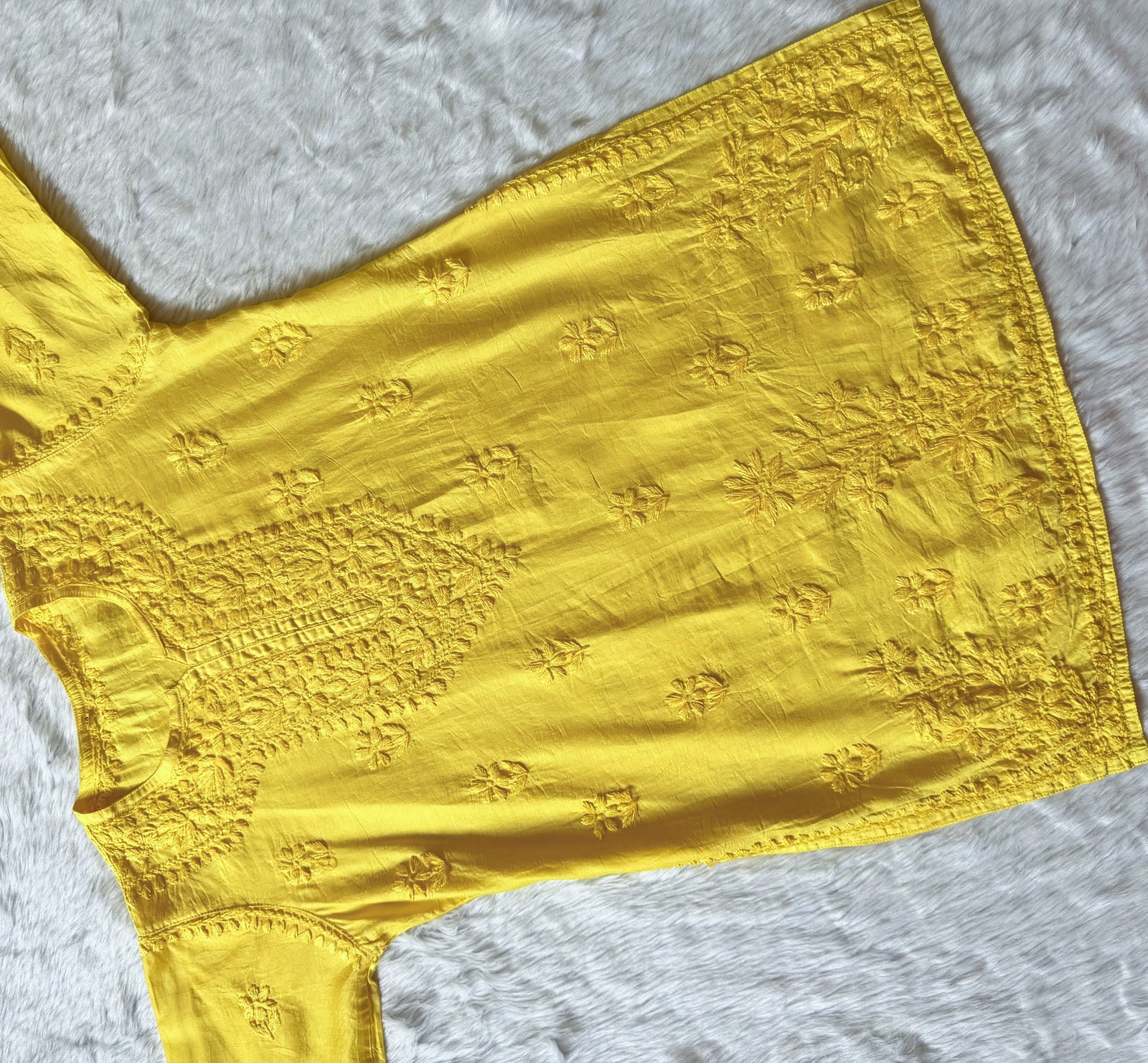 Maahi Butter Yellow Short Chanderi Chikankari Kurti