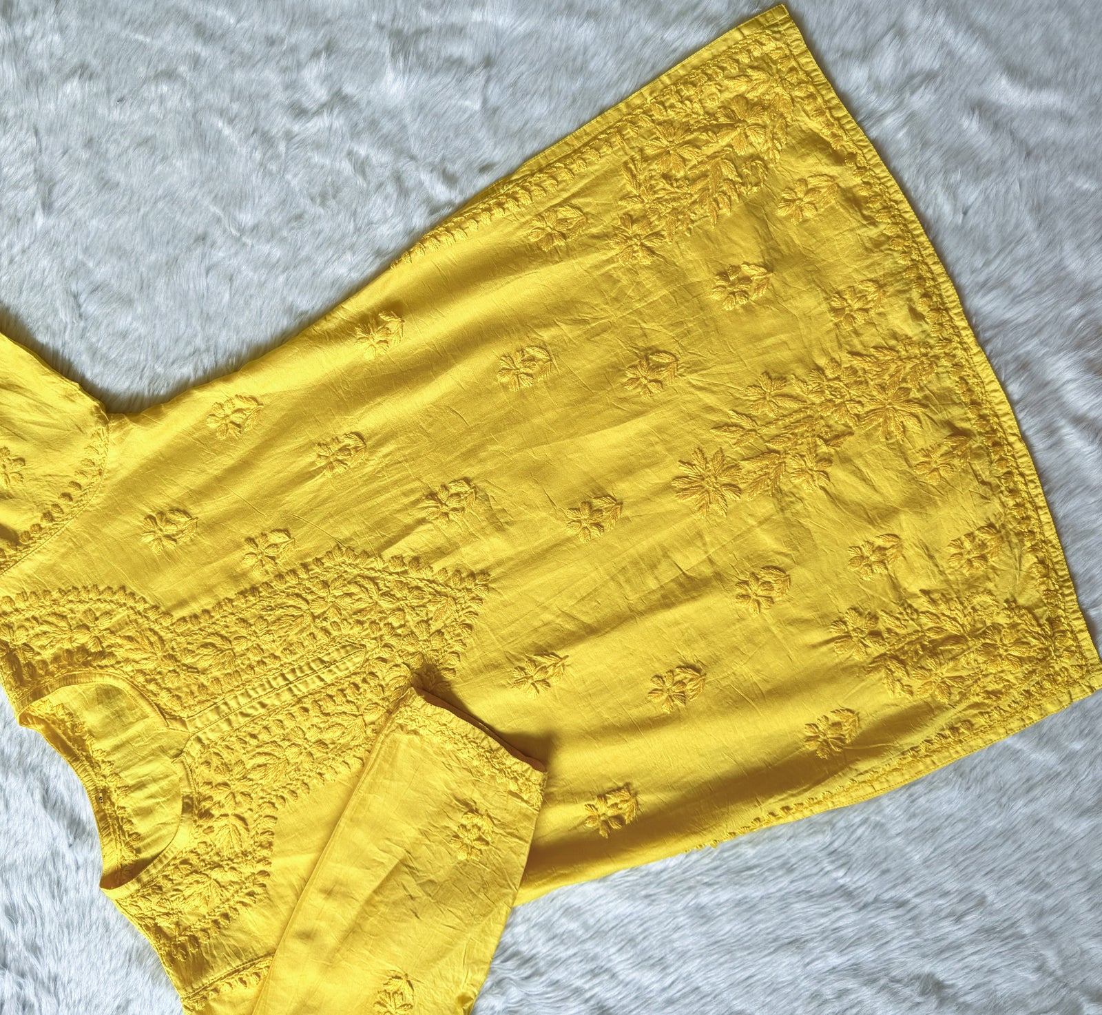 Maahi Butter Yellow Short Chanderi Chikankari Kurti