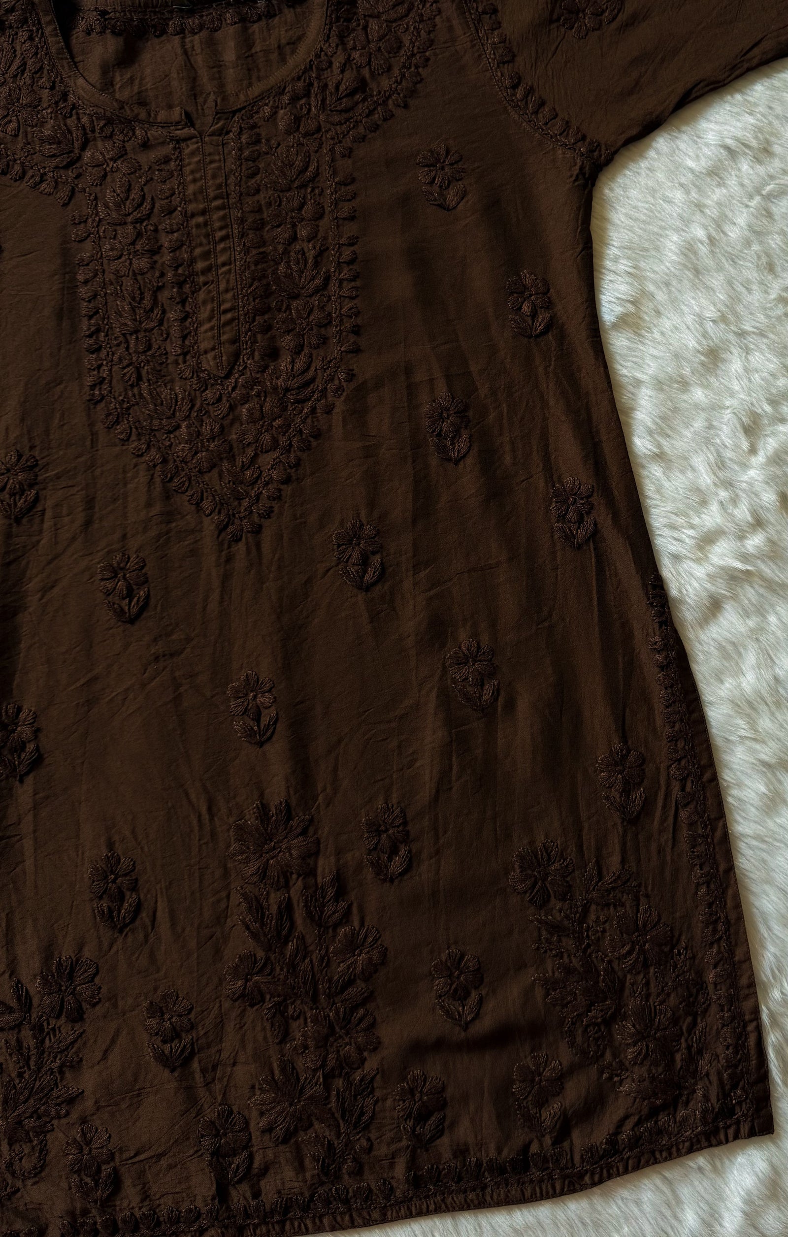 Maahi Caramel Brown Short Chanderi Chikankari Kurti