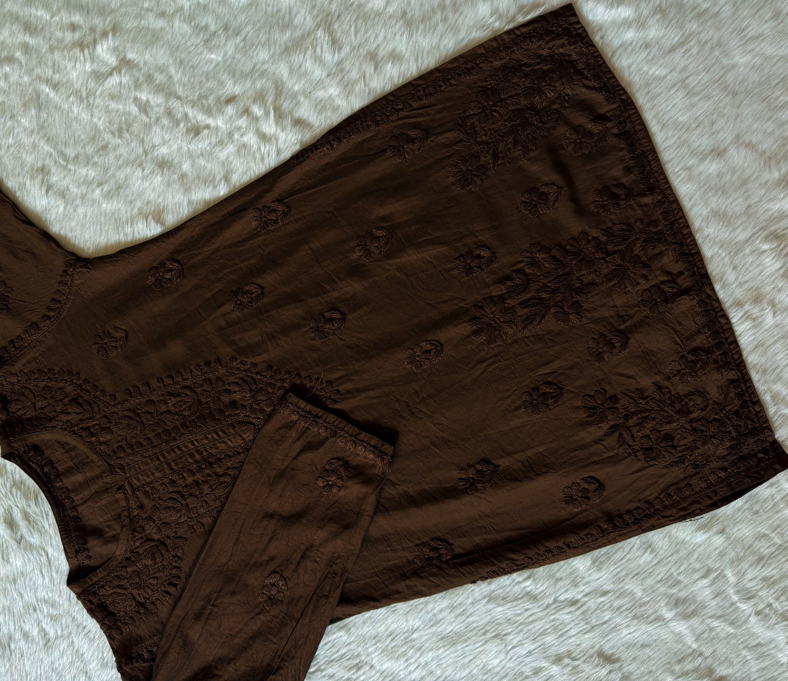 Maahi Caramel Brown Short Chanderi Chikankari Kurti