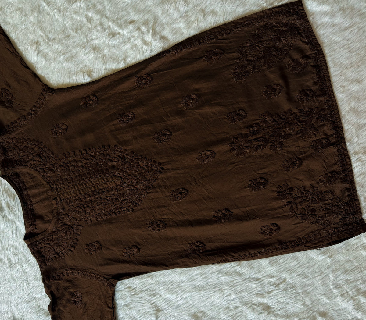 Maahi Caramel Brown Short Chanderi Chikankari Kurti