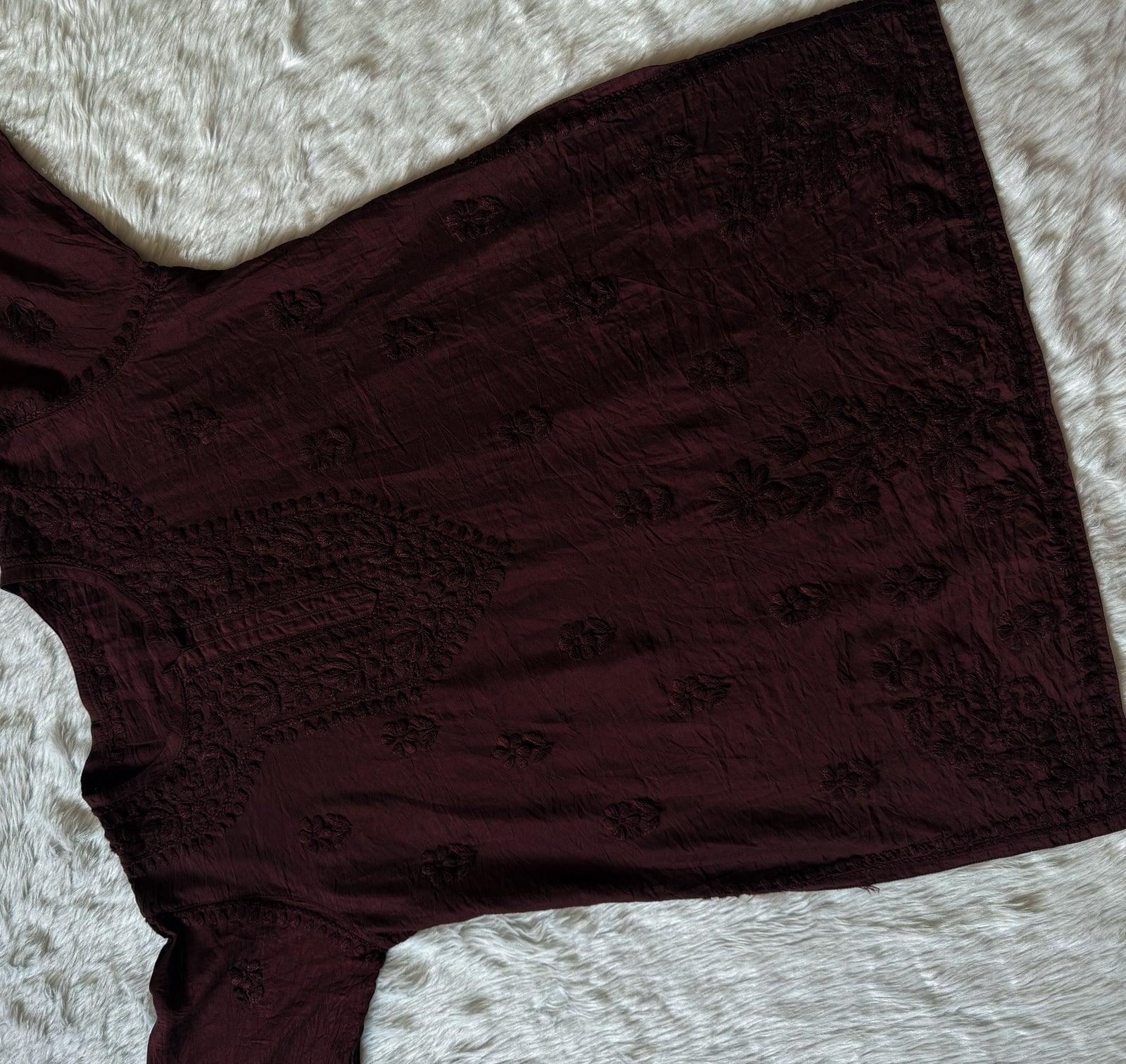 Maahi Chocolate Brown Short Chanderi Chikankari Kurti