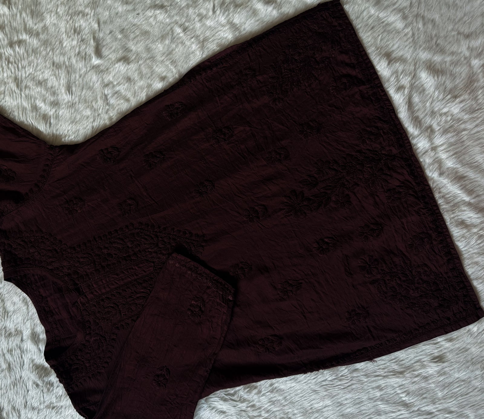 Maahi Chocolate Brown Short Chanderi Chikankari Kurti