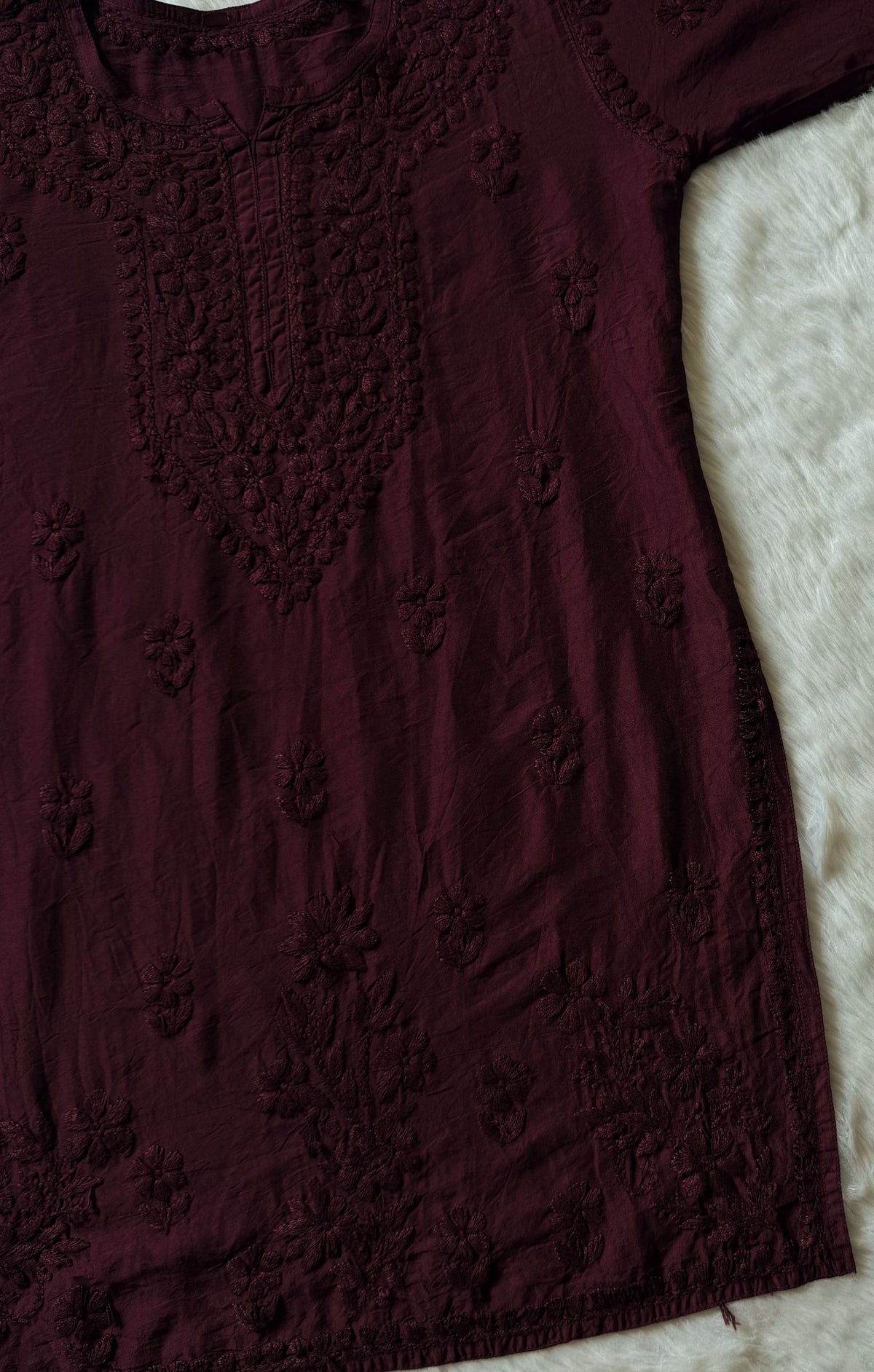 Maahi Dark Plum Short Chanderi Chikankari Kurti