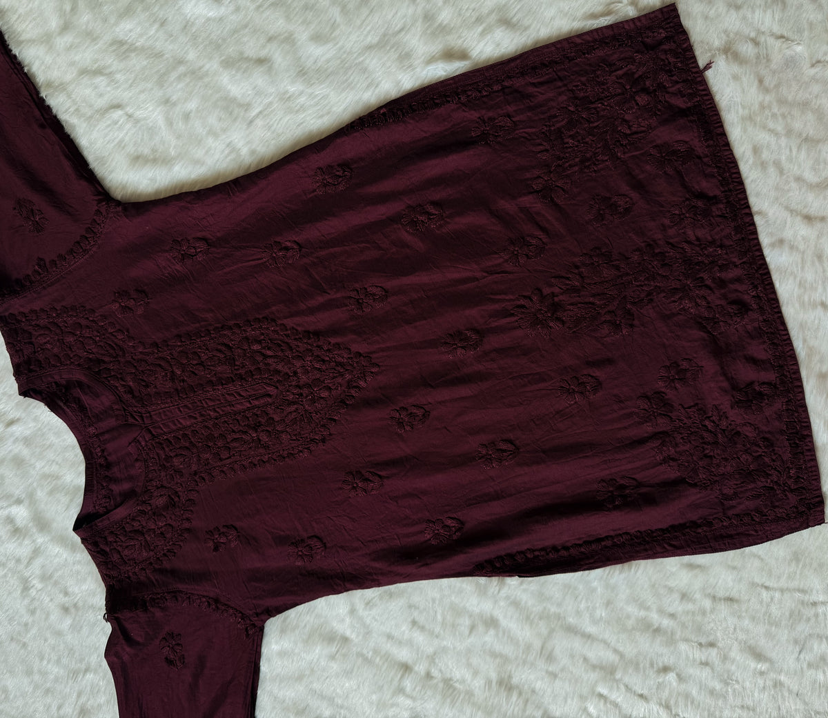 Maahi Dark Plum Short Chanderi Chikankari Kurti