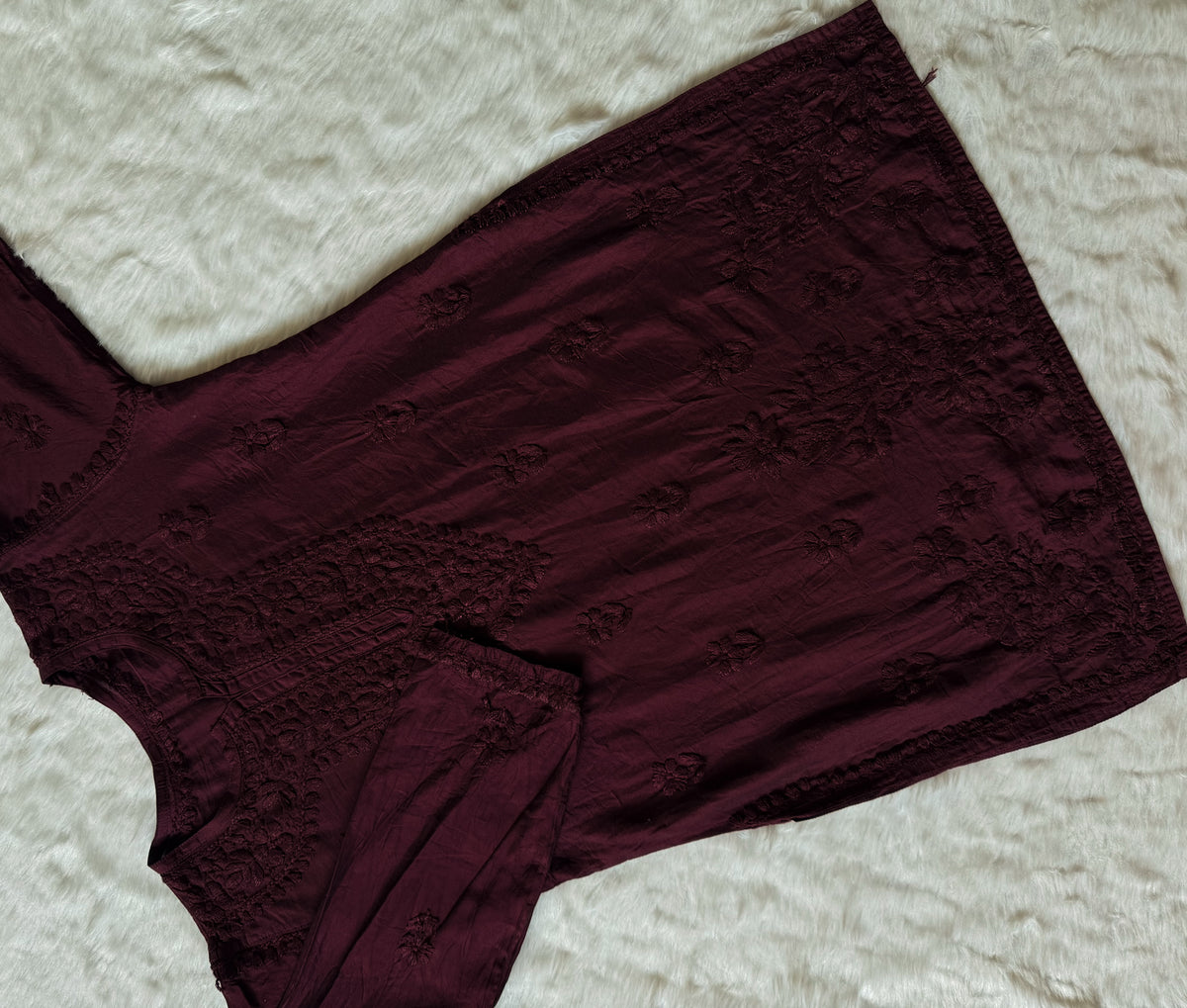 Maahi Dark Plum Short Chanderi Chikankari Kurti