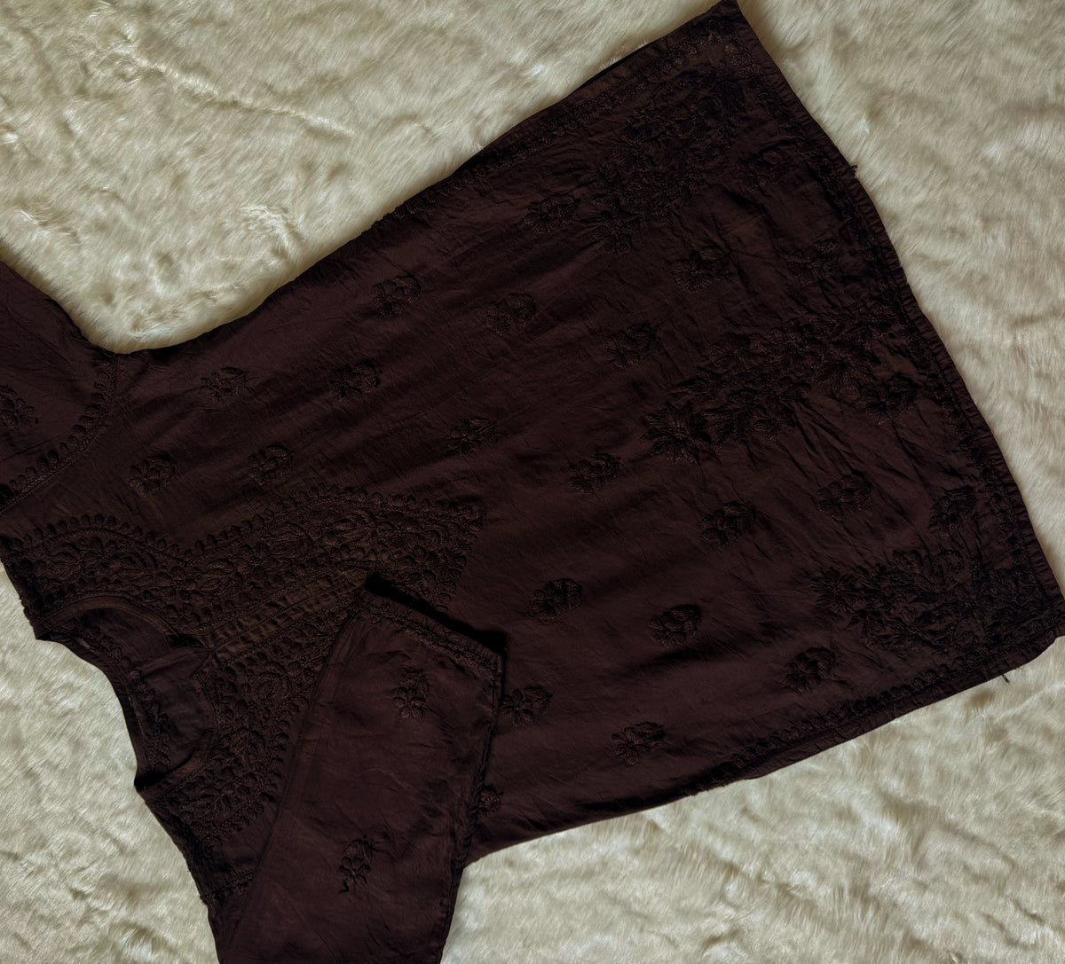 Maahi Espresso Brown Short Chanderi Chikankari Kurti