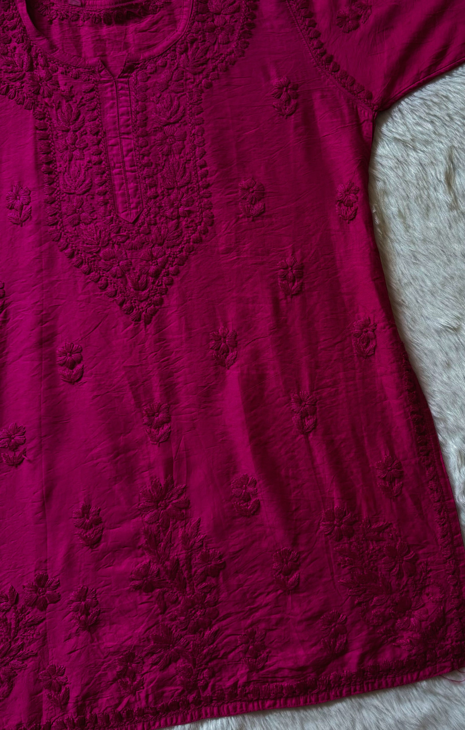 Maahi Hot Pink Short Chanderi Chikankari Kurti