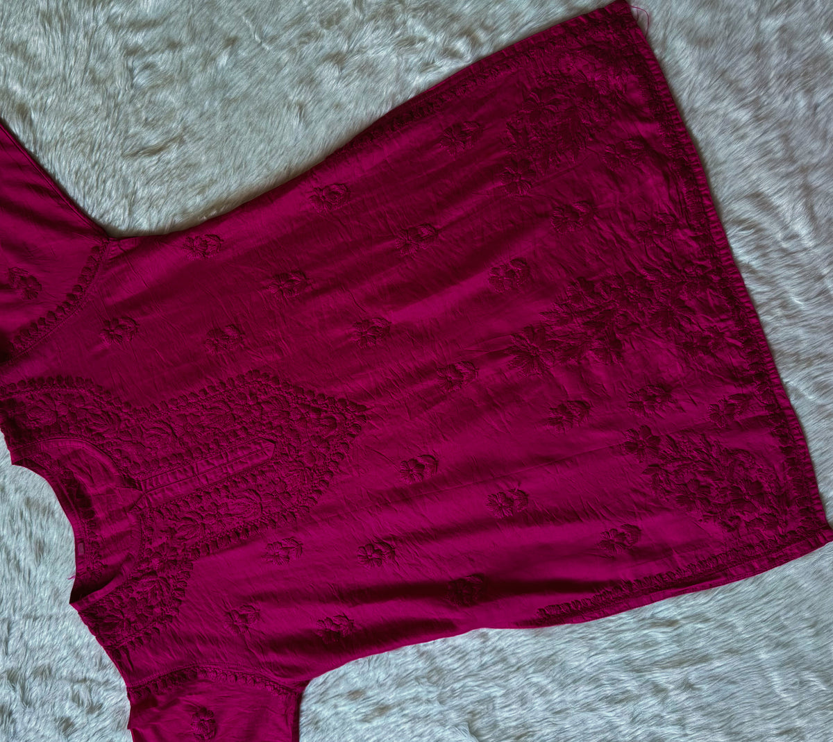 Maahi Hot Pink Short Chanderi Chikankari Kurti