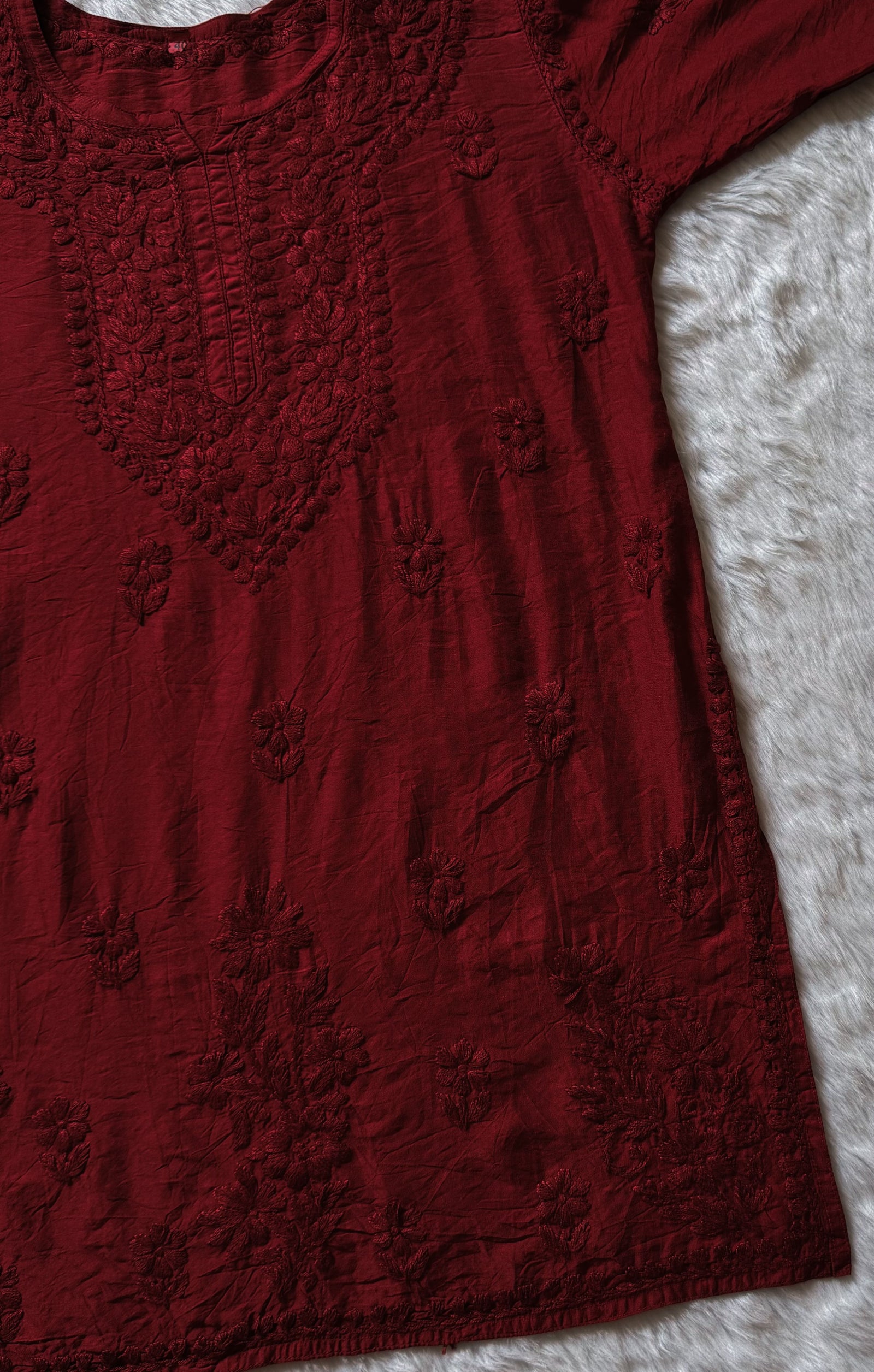 Maahi Maroon Short Chanderi Chikankari Kurti