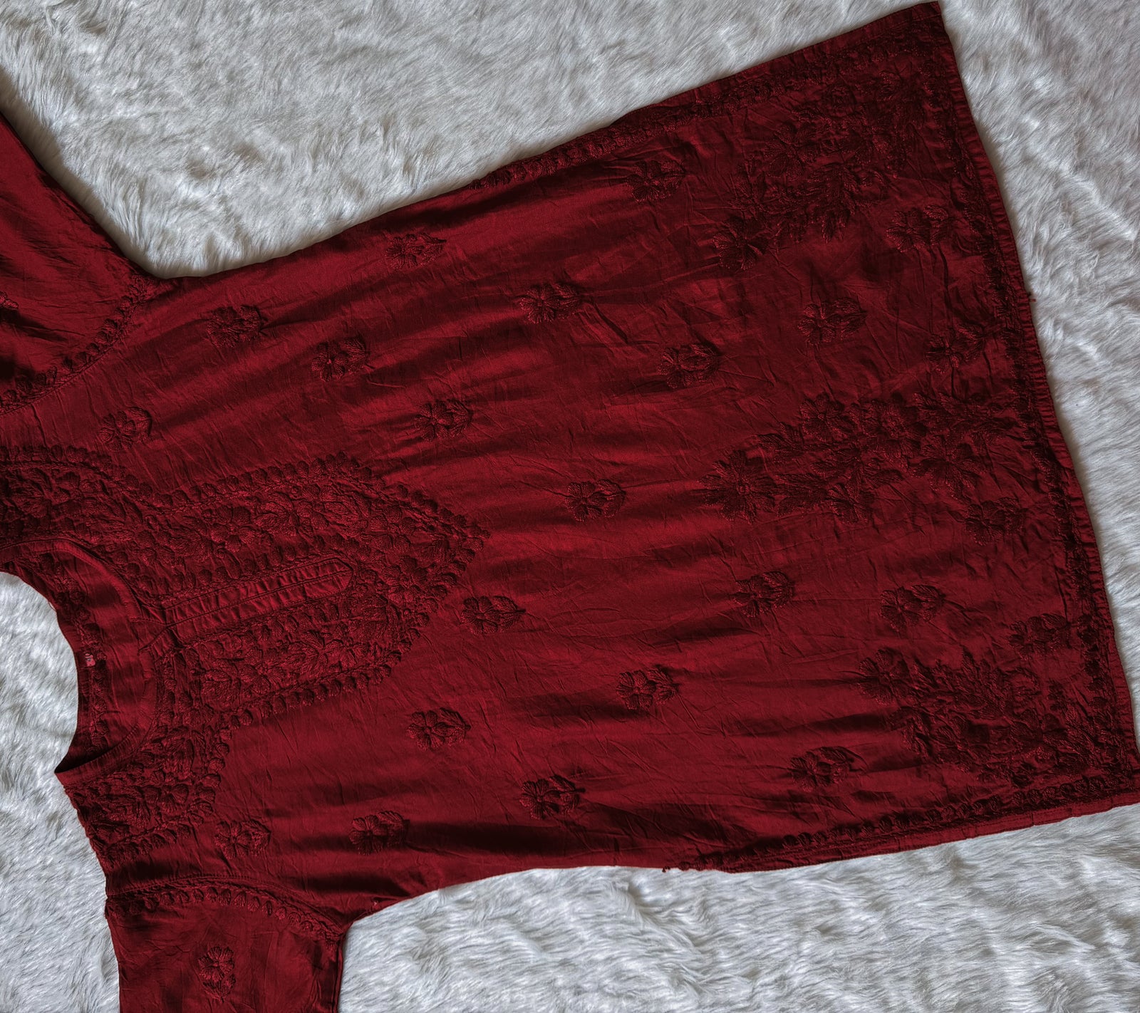 Maahi Maroon Short Chanderi Chikankari Kurti
