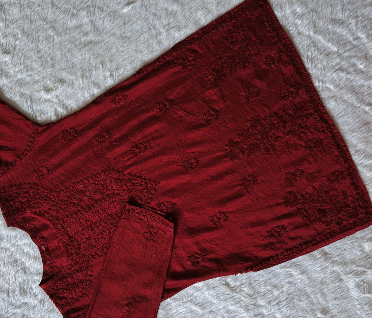Maahi Maroon Short Chanderi Chikankari Kurti