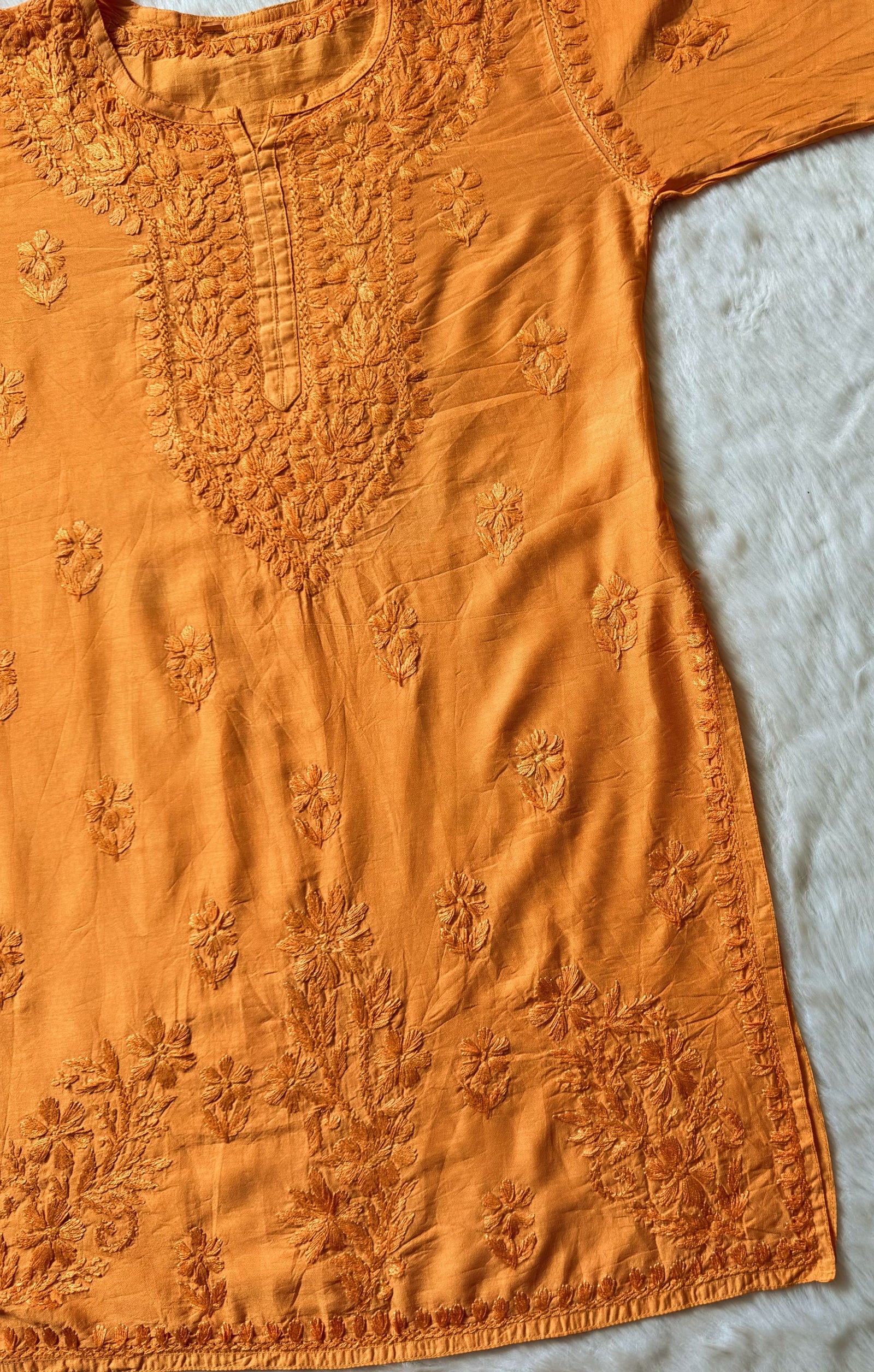 Maahi Peach Short Chanderi Chikankari Kurti