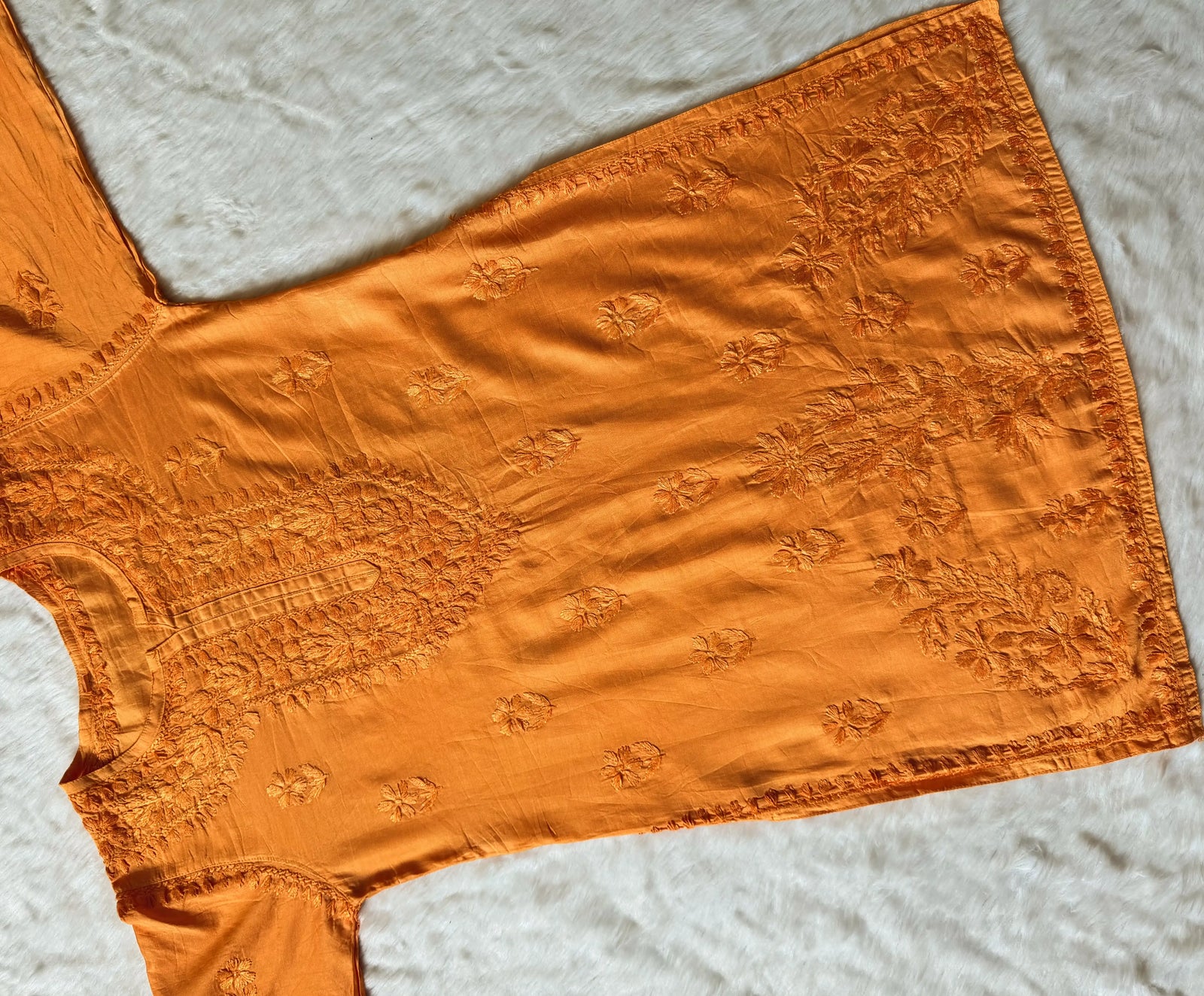 Maahi Peach Short Chanderi Chikankari Kurti