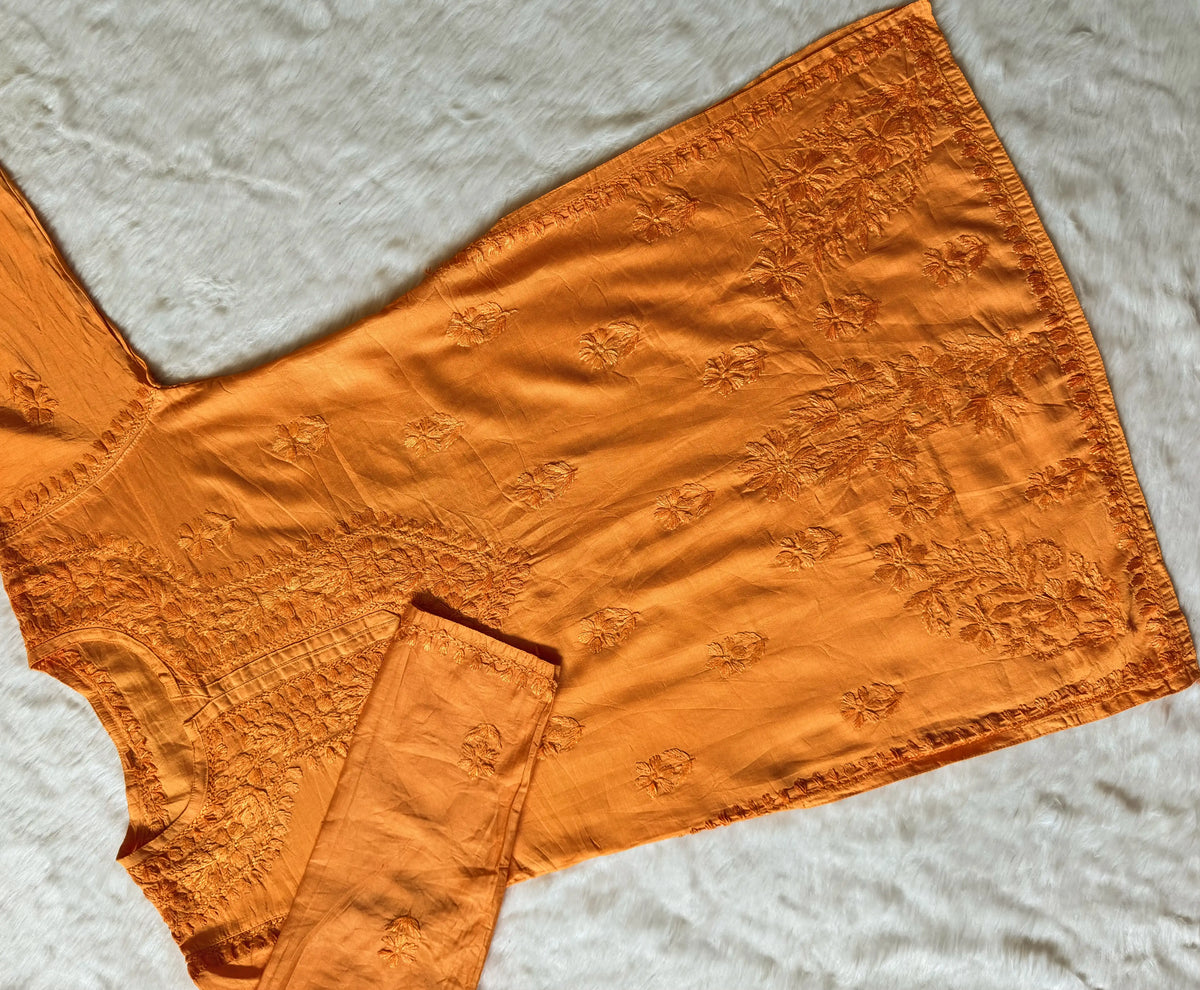 Maahi Peach Short Chanderi Chikankari Kurti