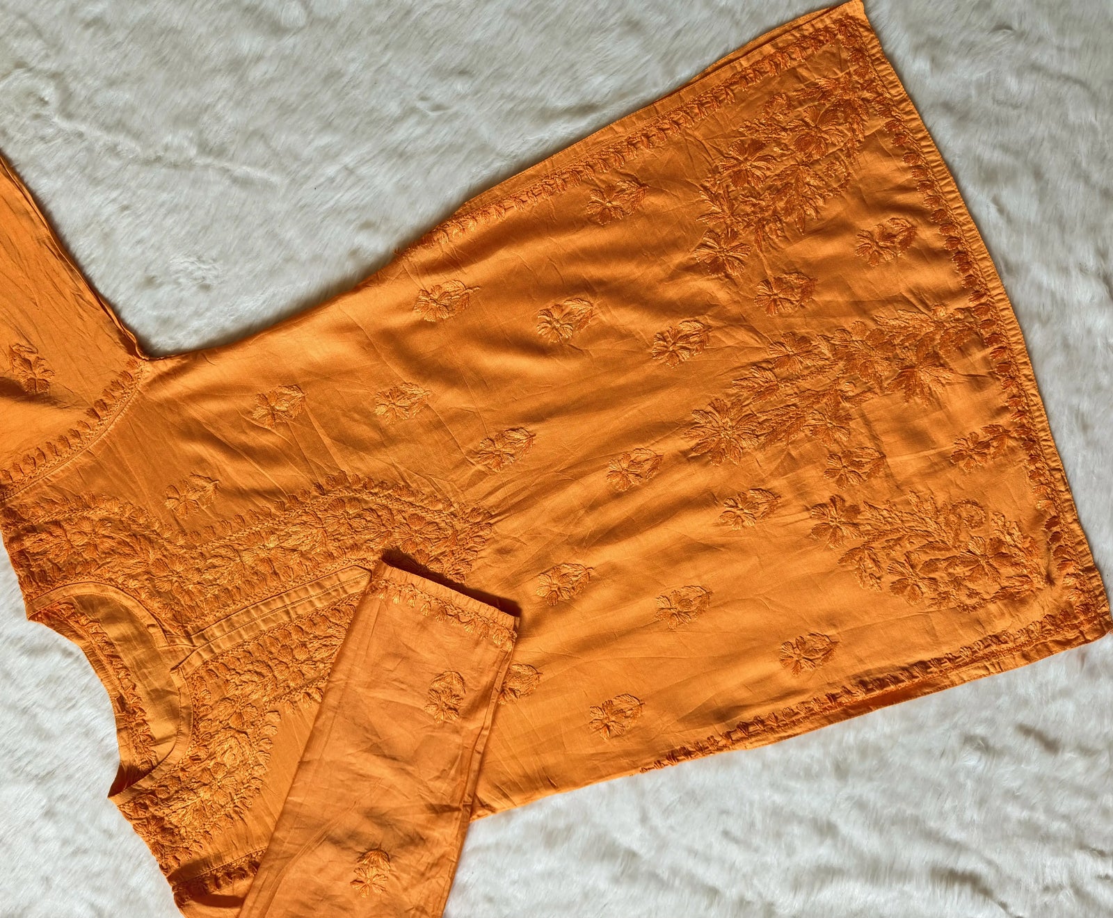 Maahi Peach Short Chanderi Chikankari Kurti