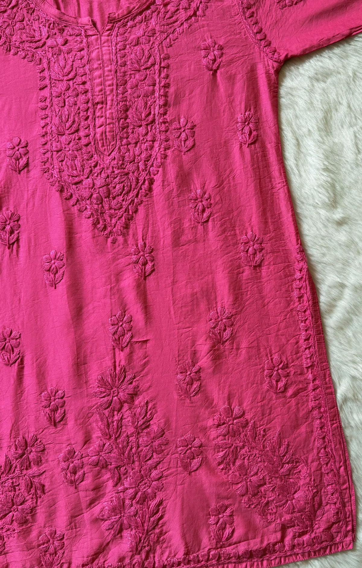 Maahi Pink Short Chanderi Chikankari Kurti