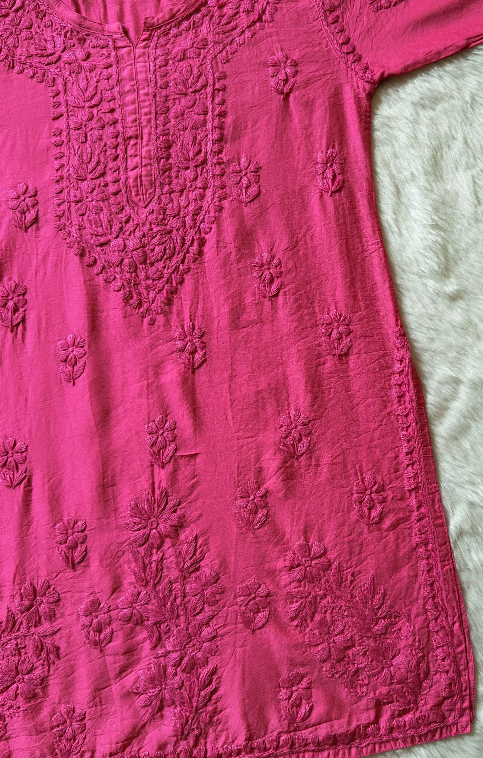 Maahi Pink Short Chanderi Chikankari Kurti