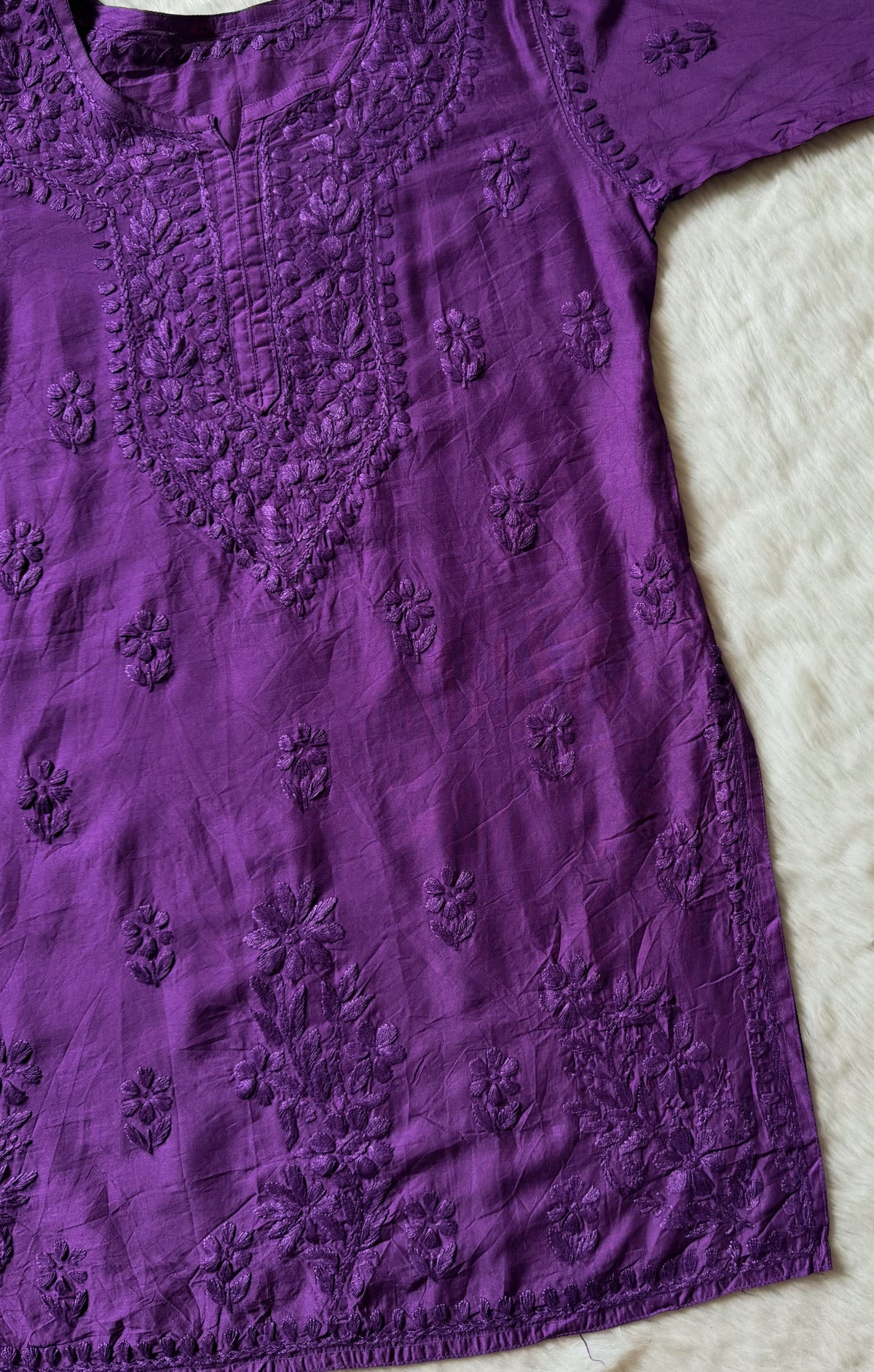Maahi Purple Short Chanderi Chikankari Kurti