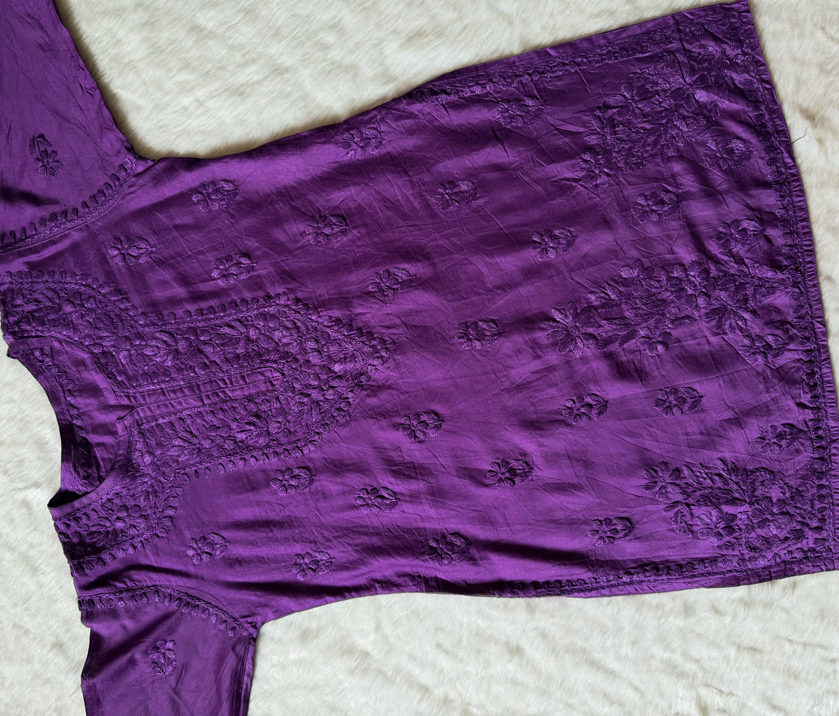 Maahi Purple Short Chanderi Chikankari Kurti