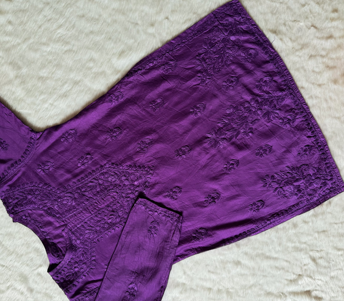 Maahi Purple Short Chanderi Chikankari Kurti