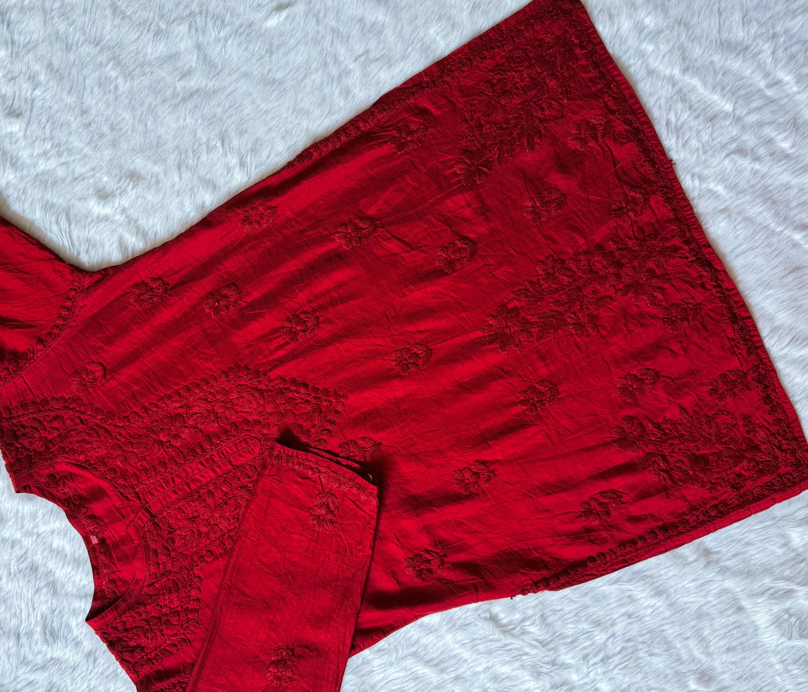 Maahi Red Short Chanderi Chikankari Kurti