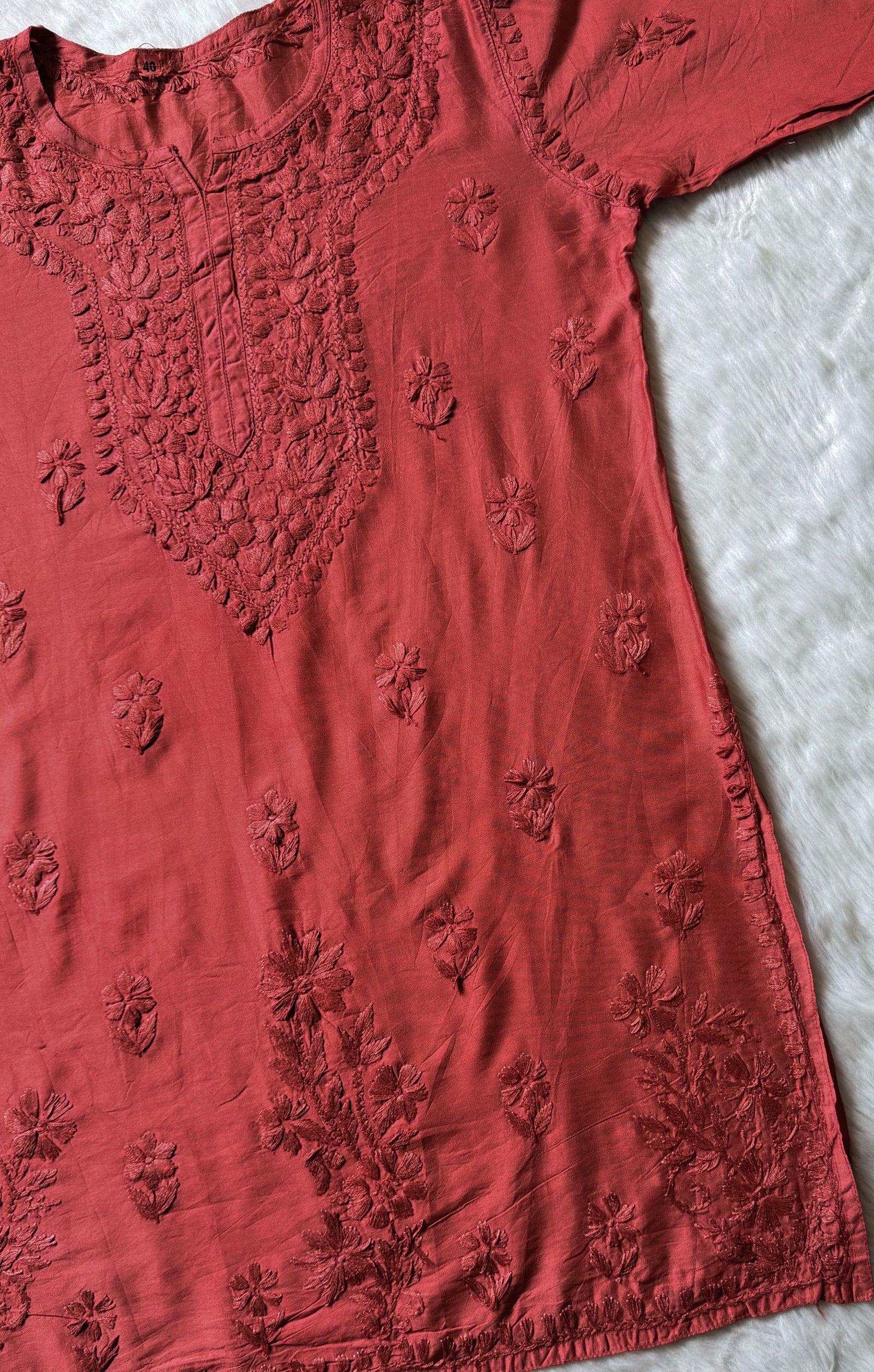 Maahi Rose Brown Short Chanderi Chikankari Kurti