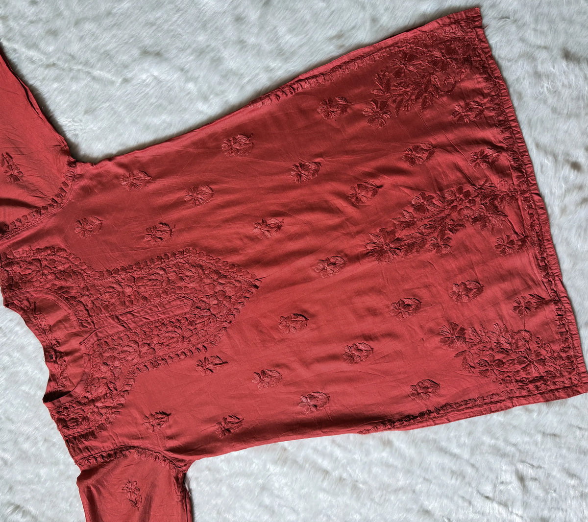 Maahi Rose Brown Short Chanderi Chikankari Kurti