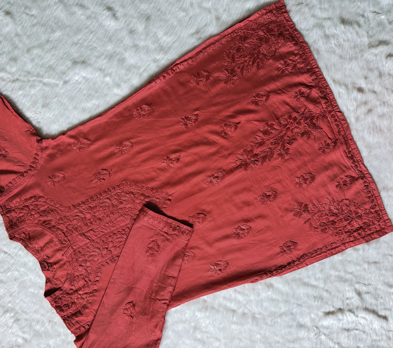 Maahi Rose Brown Short Chanderi Chikankari Kurti
