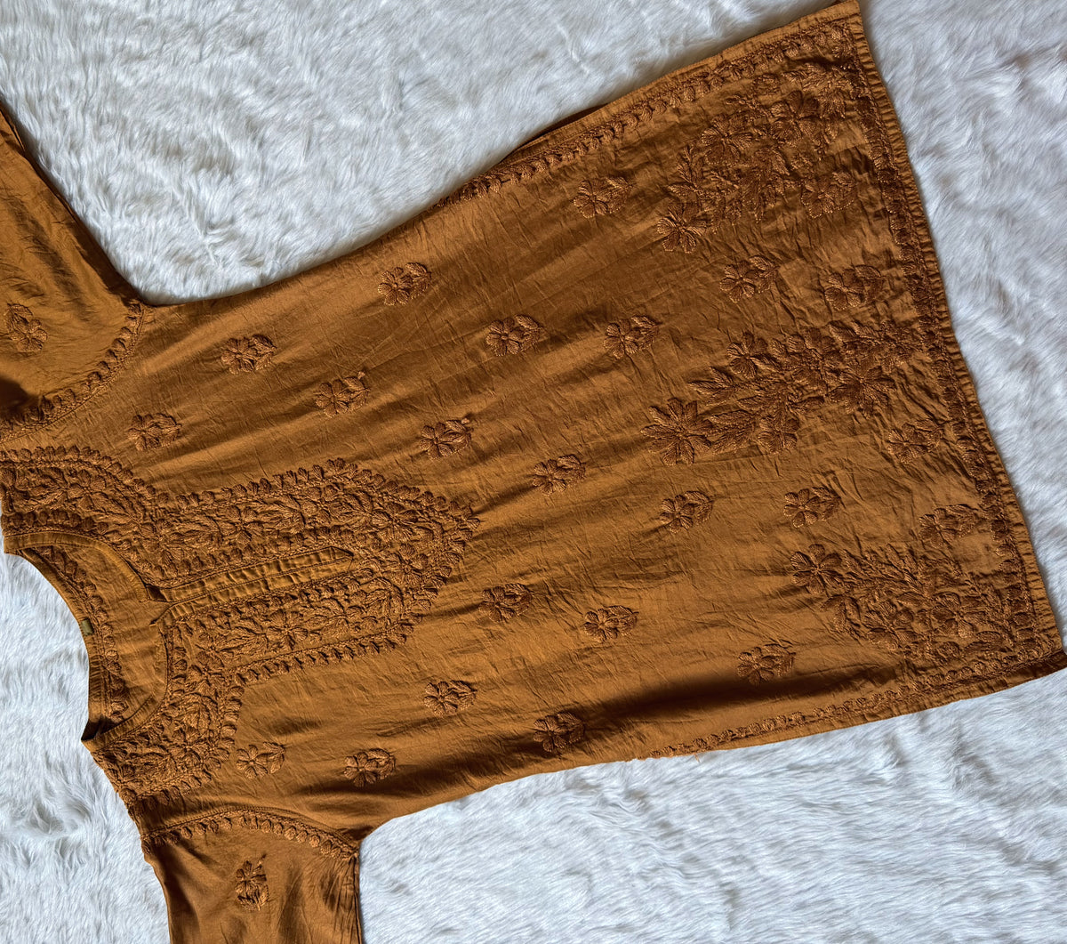 Maahi Tan Colour Short Chanderi Chikankari Kurti