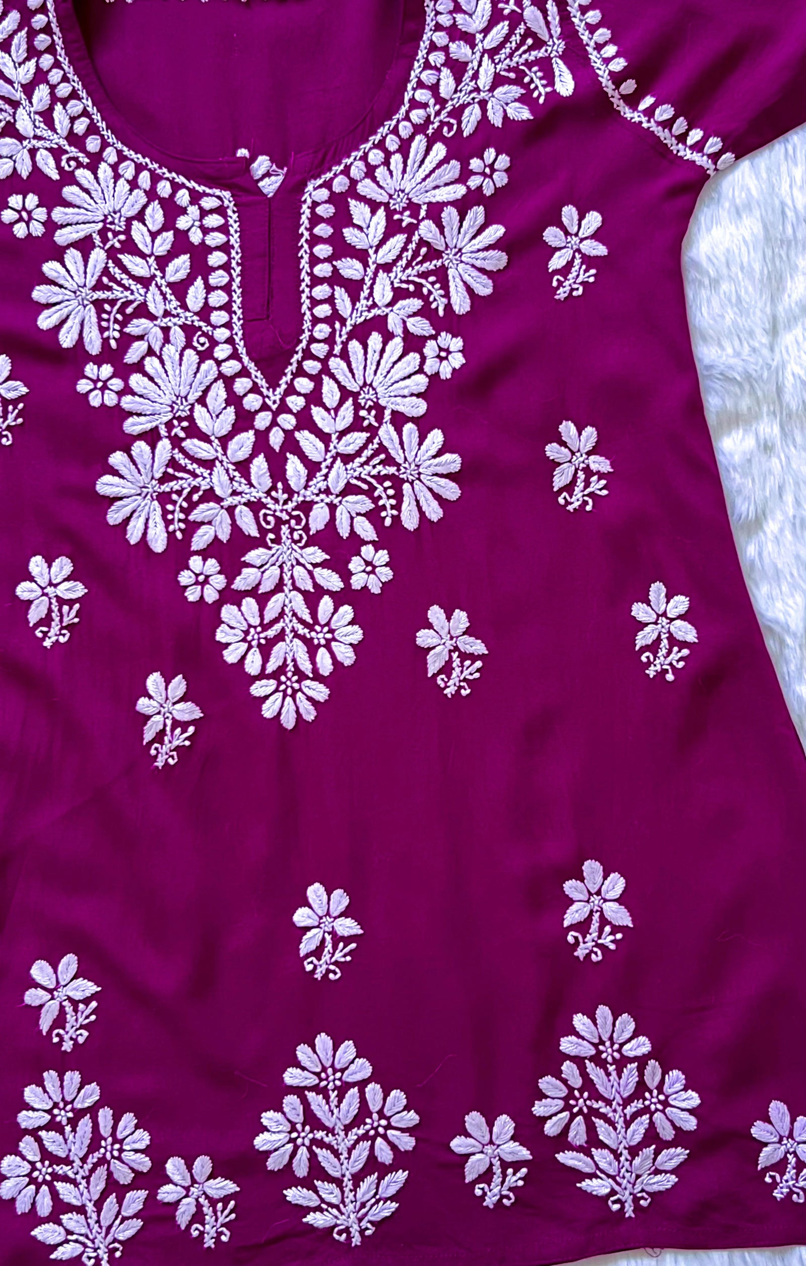 Magenta Short Rayon Kurta with White Chikankari