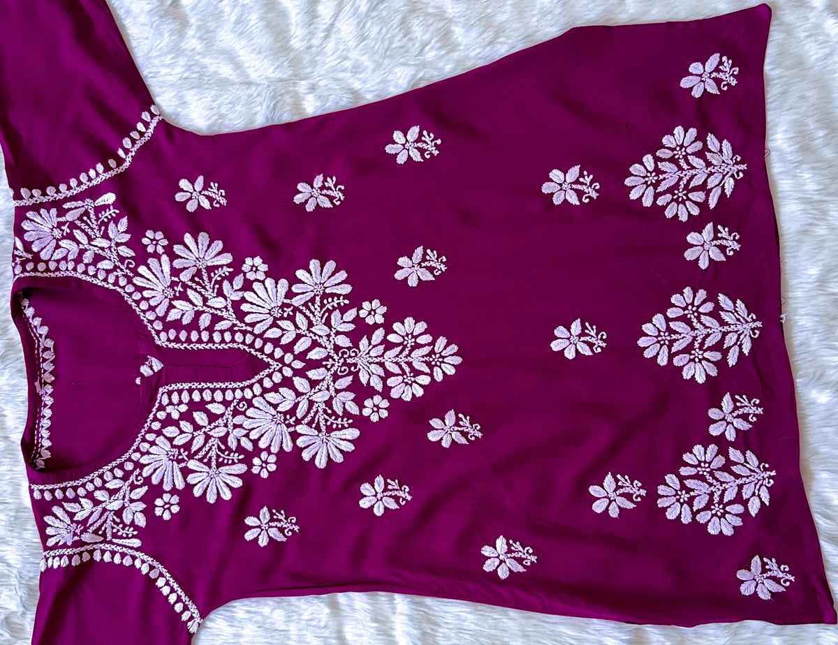 Magenta Short Rayon Kurta with White Chikankari