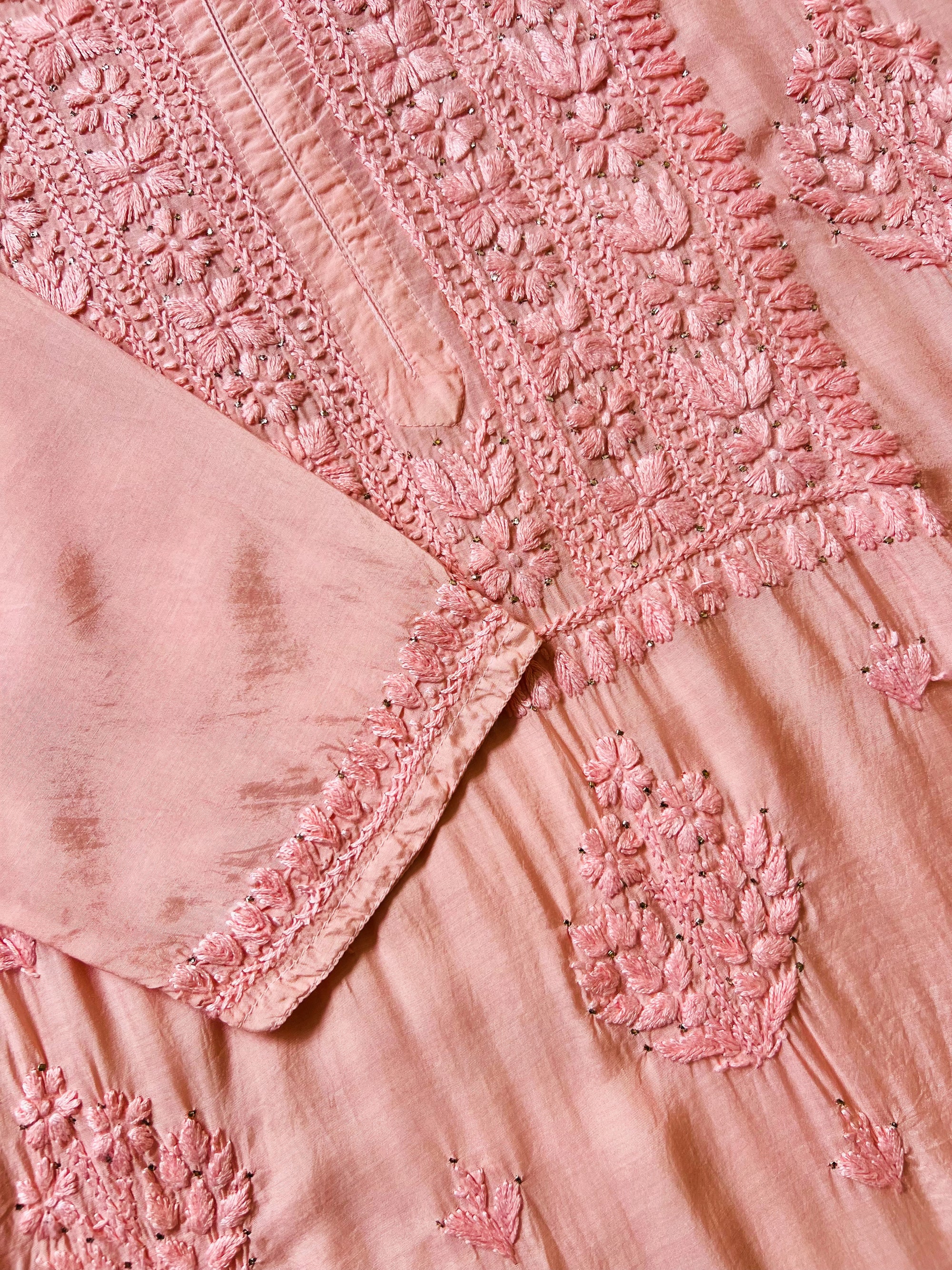 Maha Blush Pink Muslin Kurta with Mukesh & Chikankari Handwork