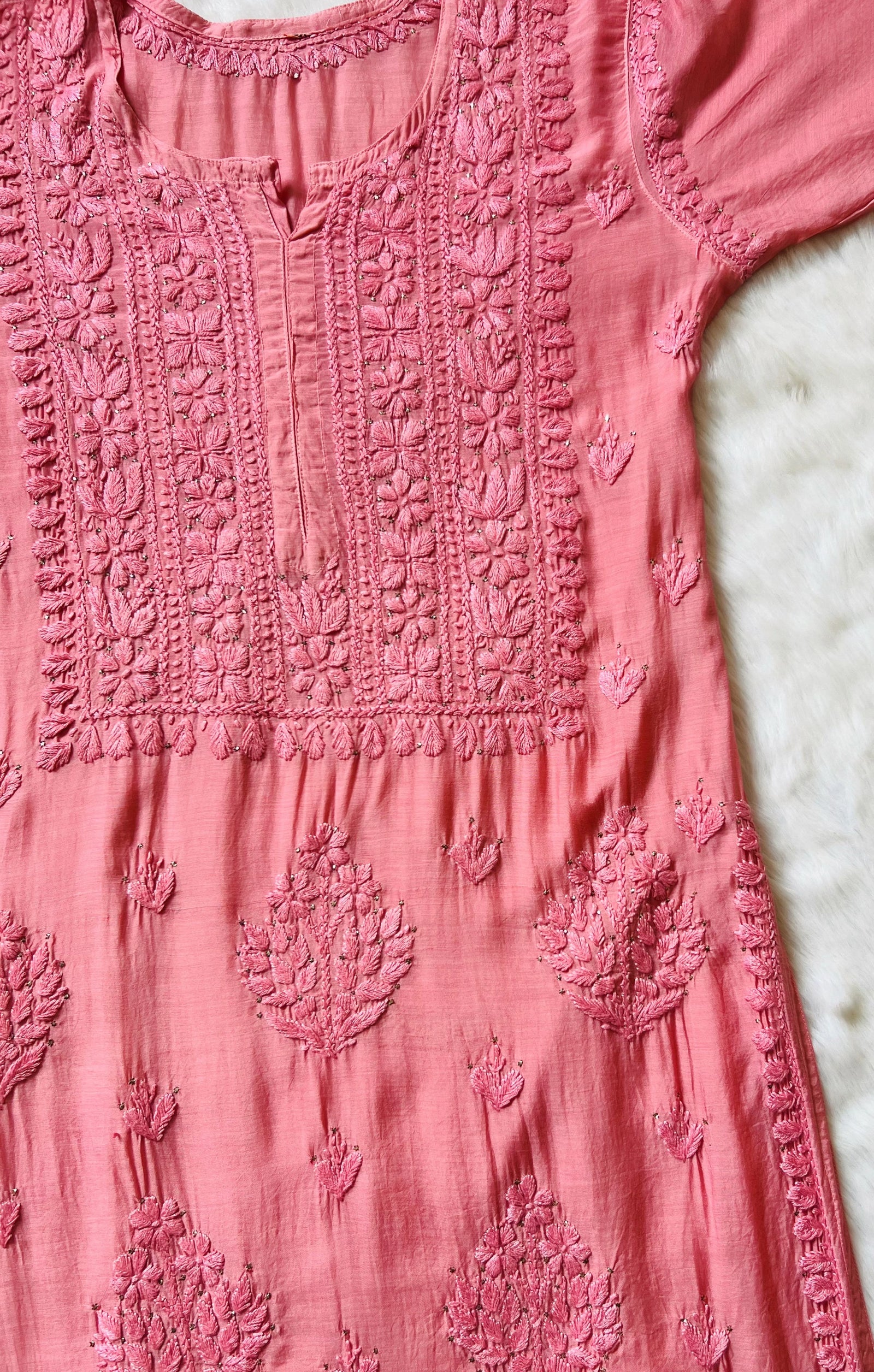 Maha Coral Muslin Kurta with Mukesh & Chikankari Handwork