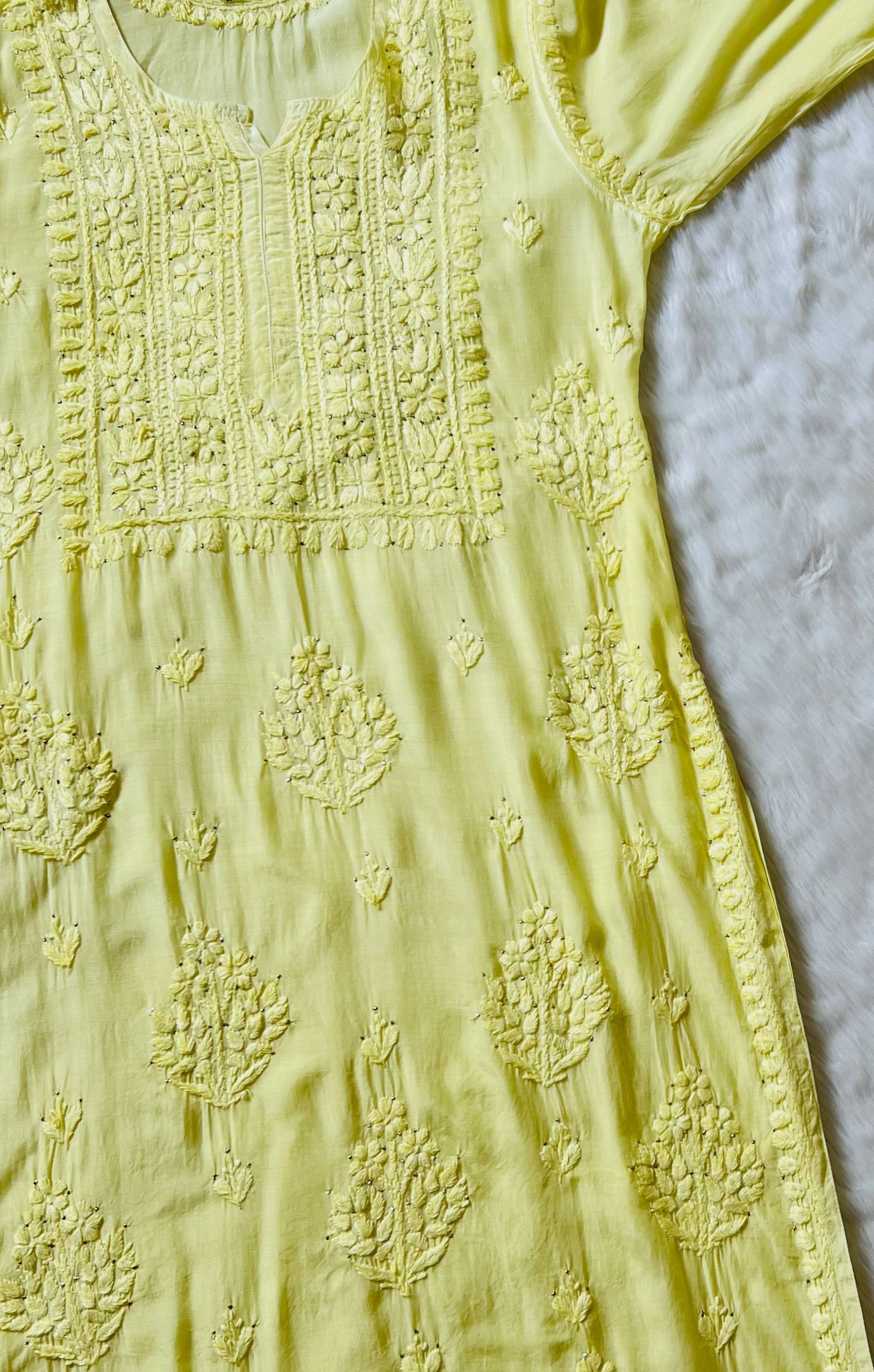 Maha Pastel Yellow Muslin Kurta with Mukesh & Chikankari Handwork