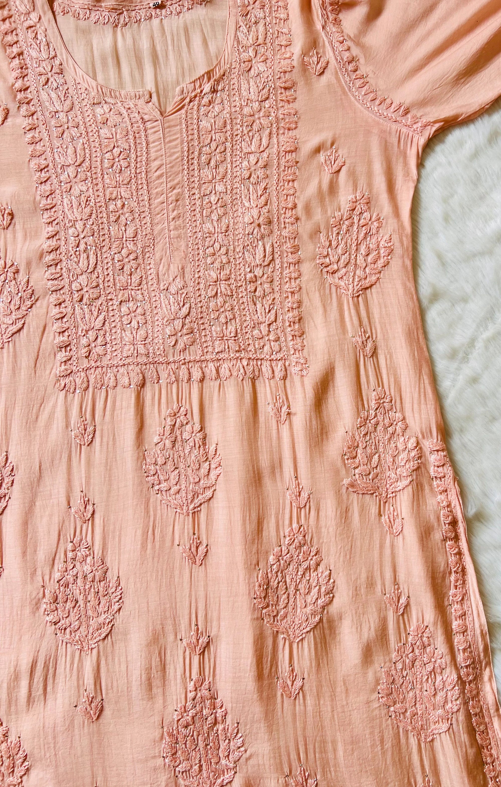 Maha Peach Muslin Kurta with Mukesh & Chikankari Handwork