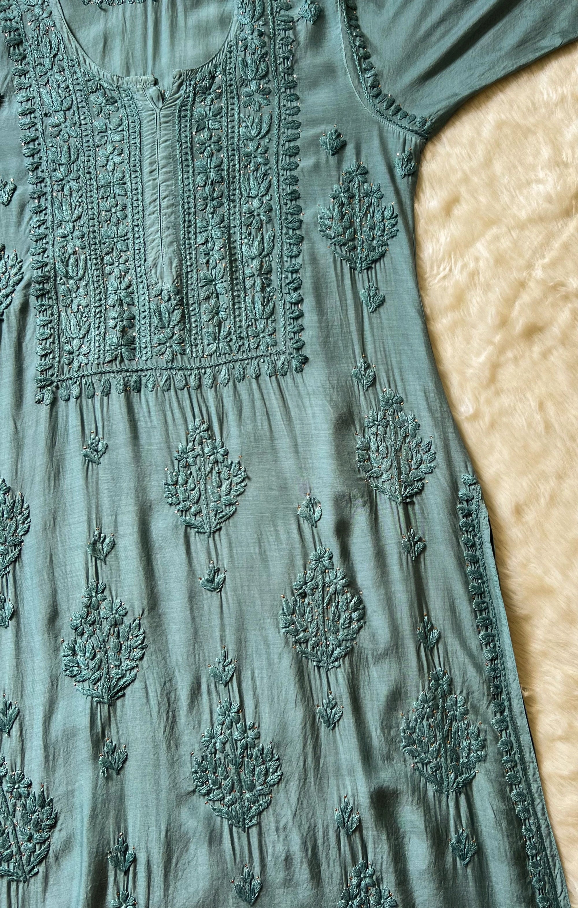 Maha Sage Green Muslin Kurta with Mukesh & Chikankari Handwork