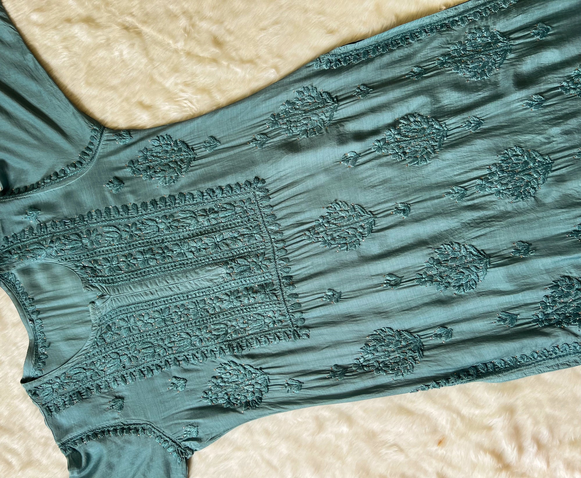 Maha Sage Green Muslin Kurta with Mukesh & Chikankari Handwork