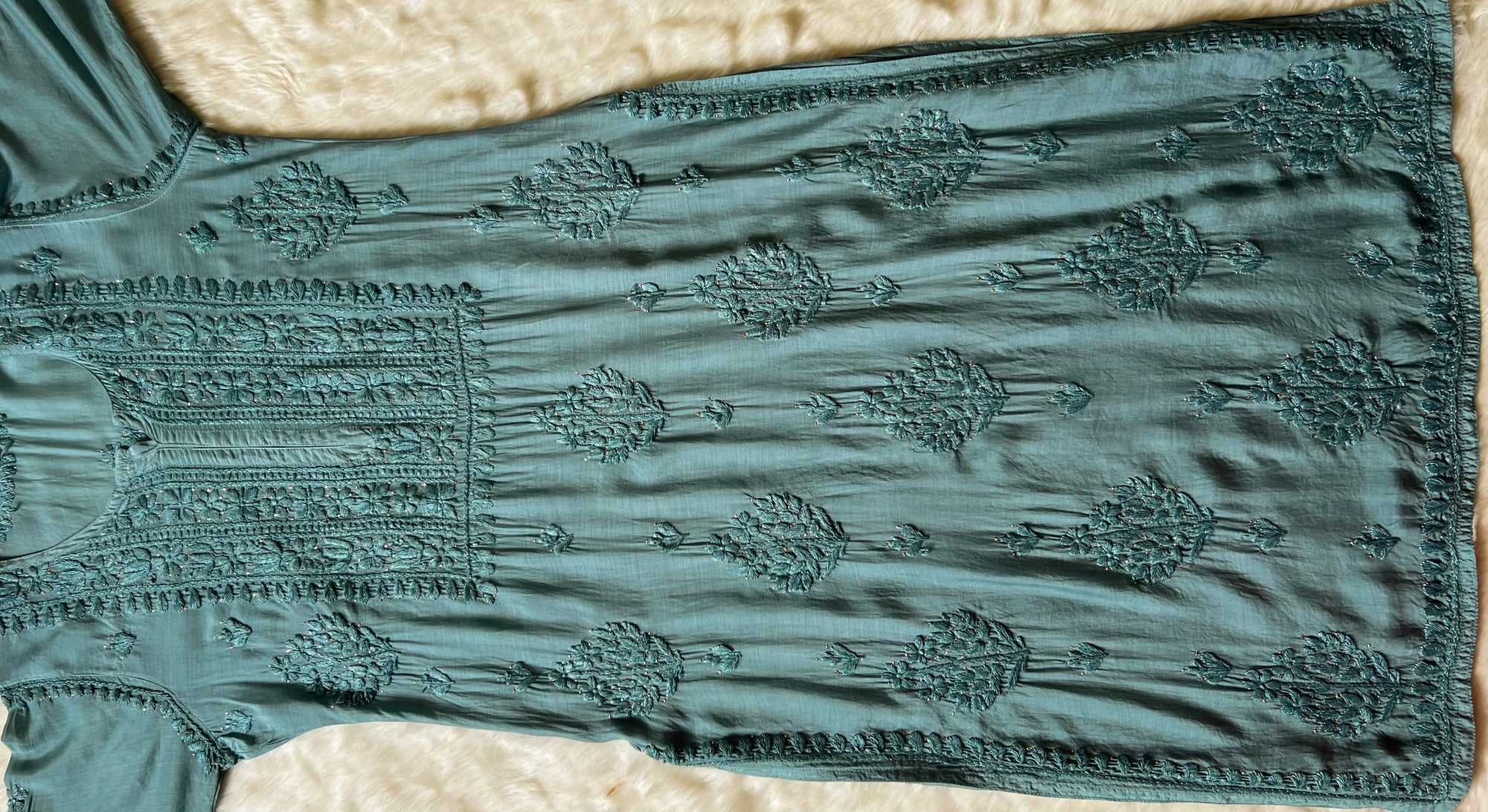 Maha Sage Green Muslin Kurta with Mukesh & Chikankari Handwork