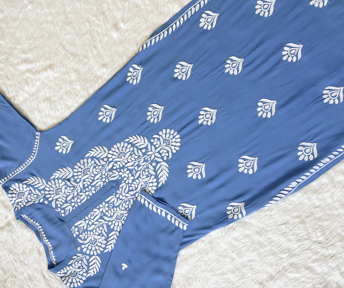 Mahi Blue Long Rayon Chikankari Kurta